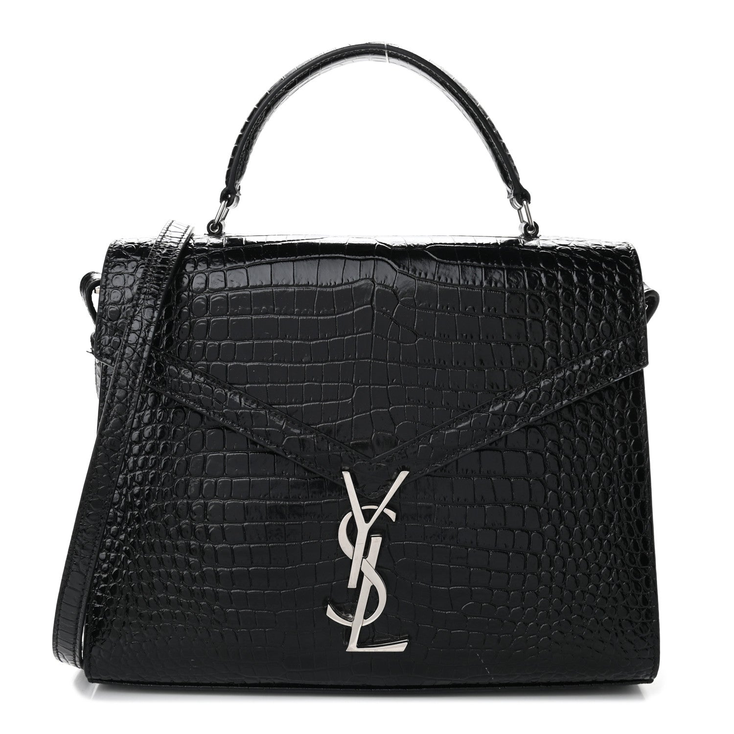 Saint Laurent Calfskin Crocodile Embossed Medium Classic Monogram Cassandra Top Handle Black Rouge Legion 1 of 11