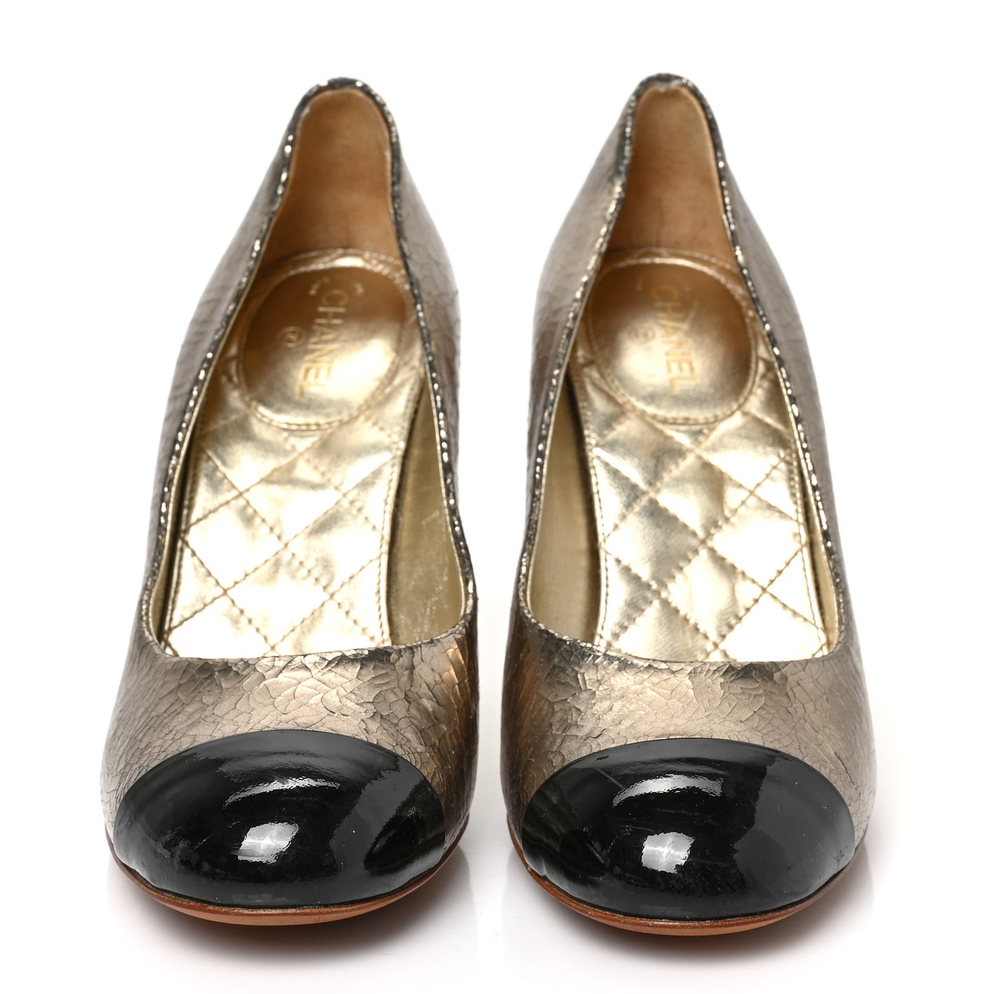 Metallic Crackled Goatskin Patent Cap Toe Pearl Pumps 38 Gold Black