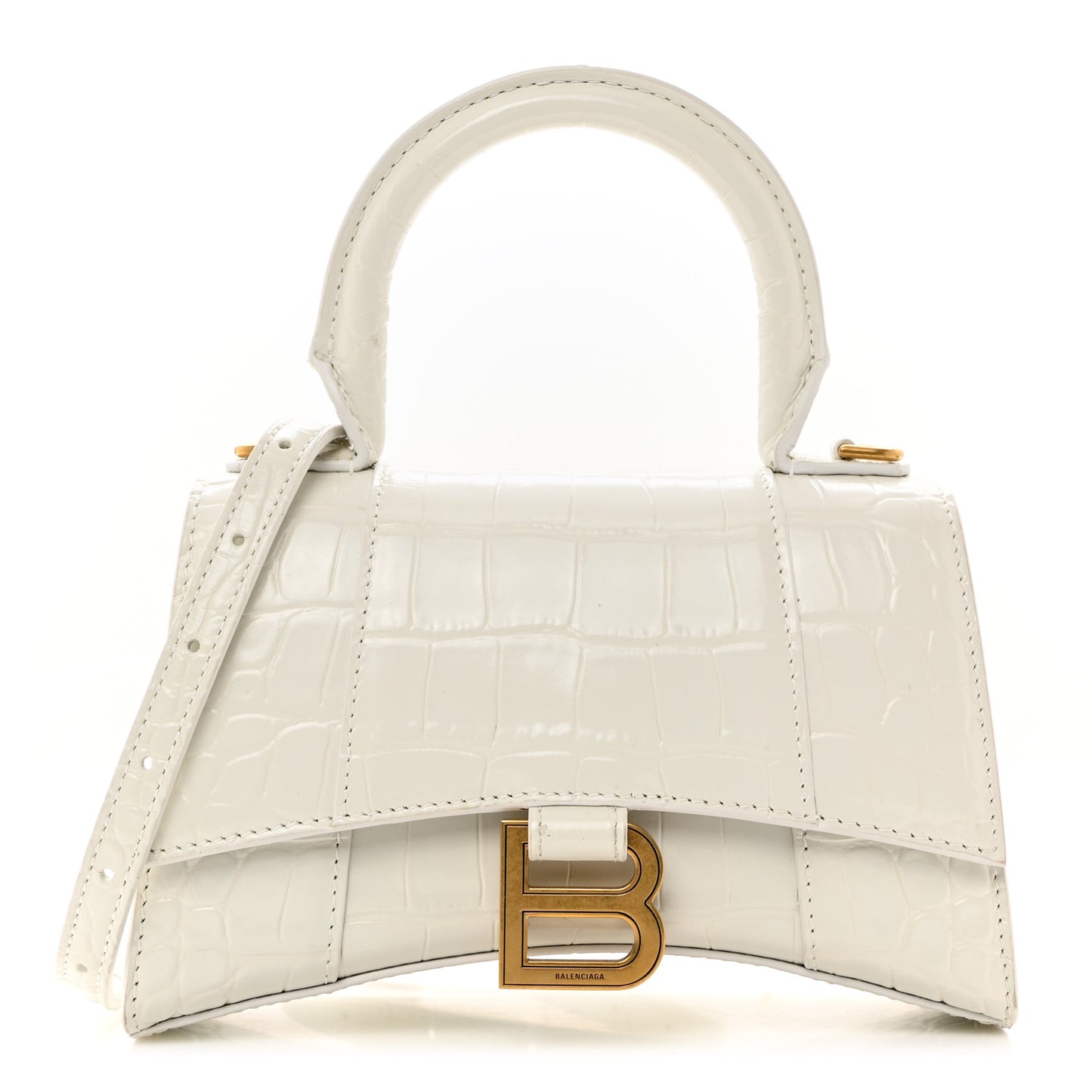 Shiny Calfskin Crocodile Embossed Hourglass Top Handle Bag XS White