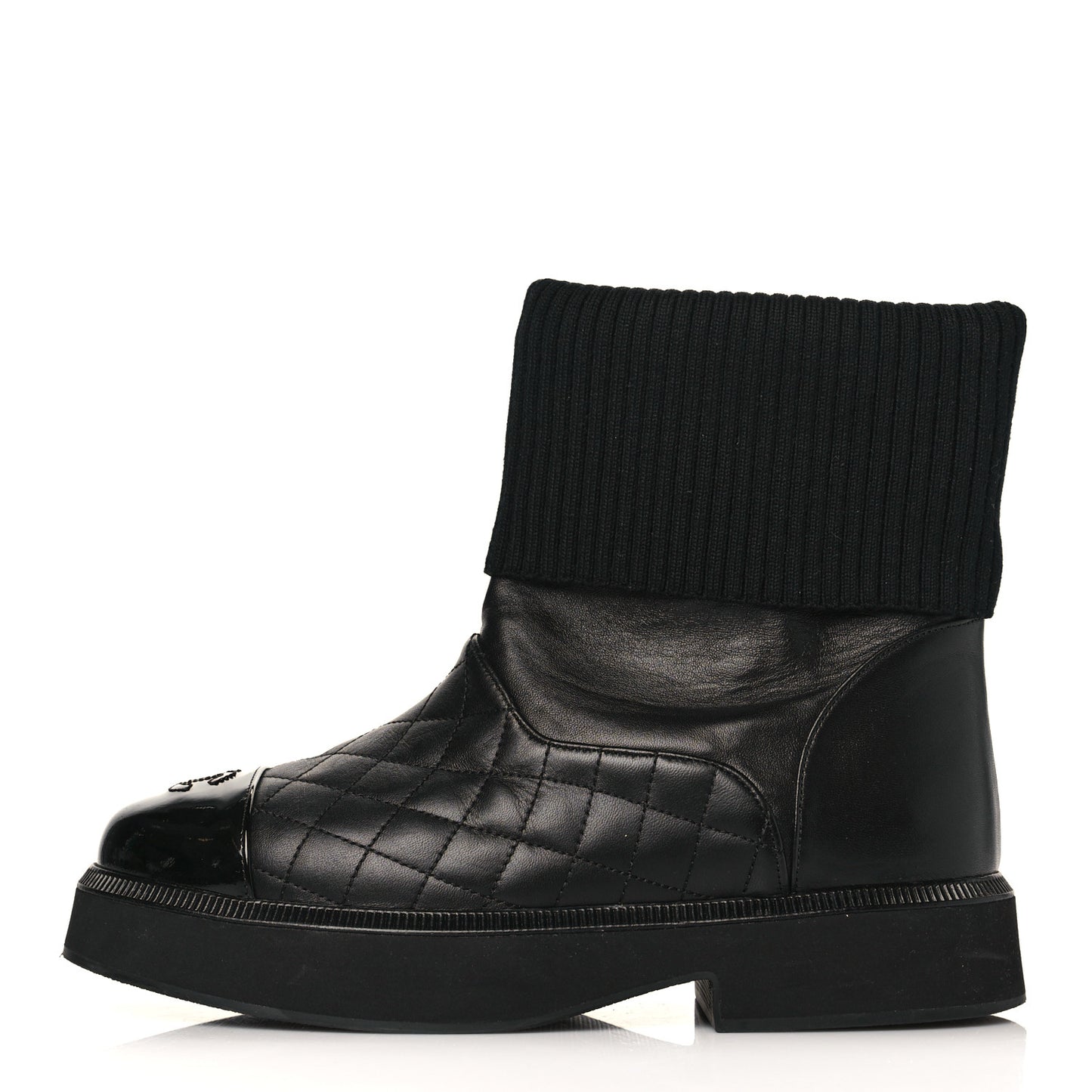 Calfskin Patent Knit Quilted CC Cap Toe Boots 38 Black