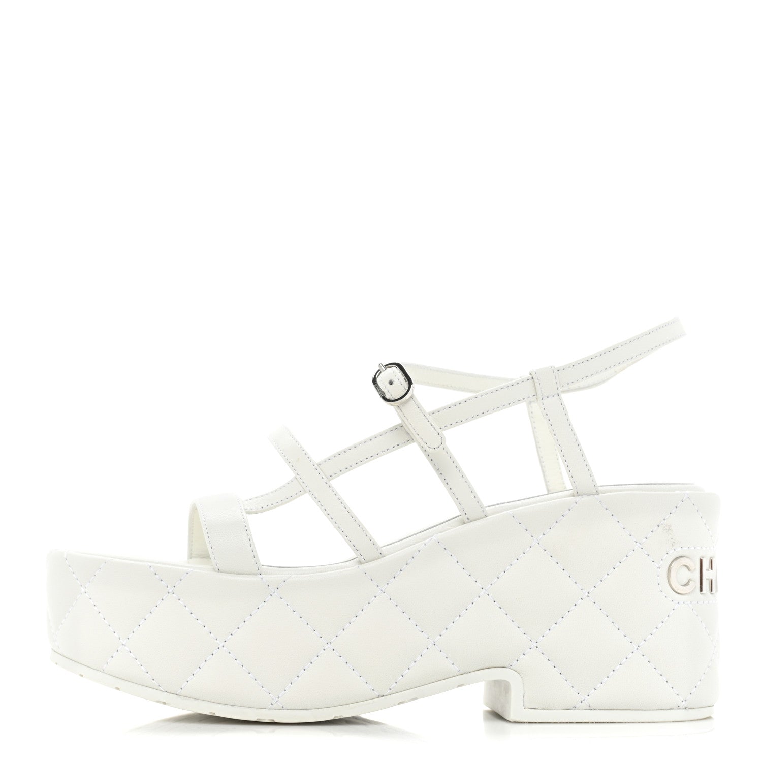 CHANEL ウェッジソール　36 ホワイト Chanel Calfskin Quilted Wedge Logo Sandals 36 White 1308023