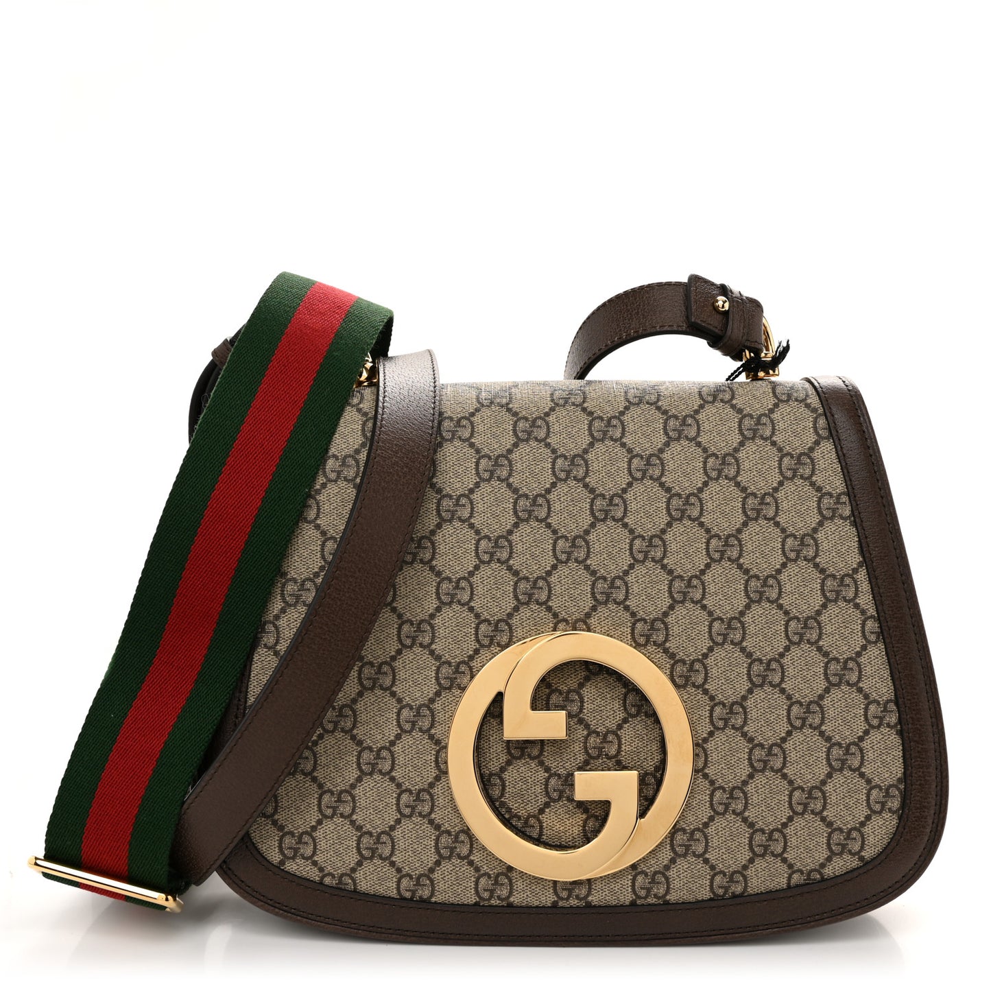 GG Supreme Monogram Textured Dollar Calfskin Web Medium Blondie Shoulder Flap Bag Beige Ebony New Acero