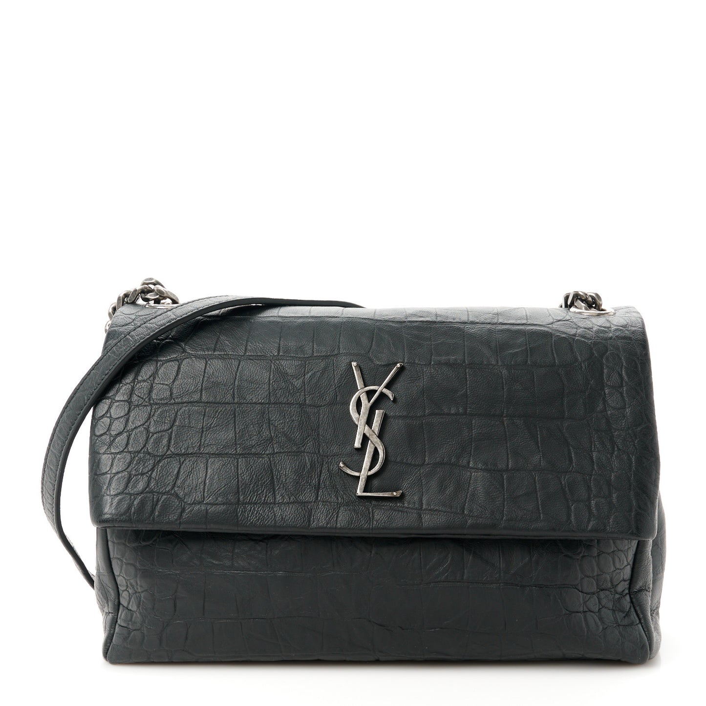 Calfskin Crocodile Embossed Medium West Hollywood Monogram Fold-Over Black