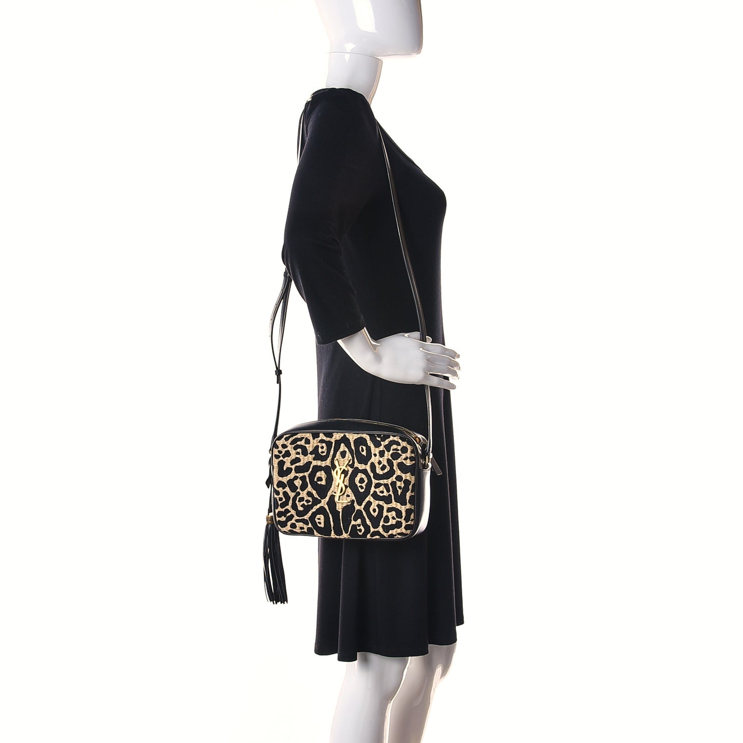 Raffia Calfskin Leopard Print Monogram Lou Camera Bag Natural Beige Black