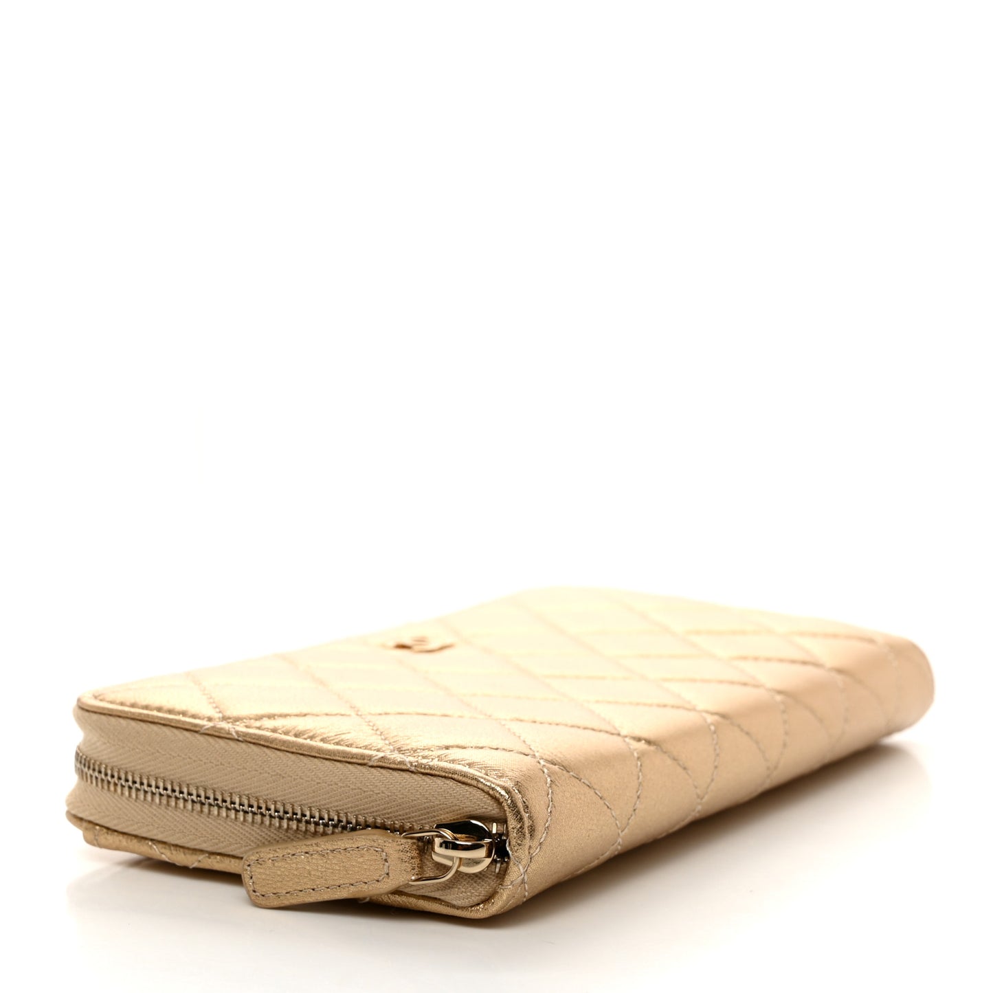 Metallic Lambskin Quilted Large Gusset Zip Around Wallet Gold