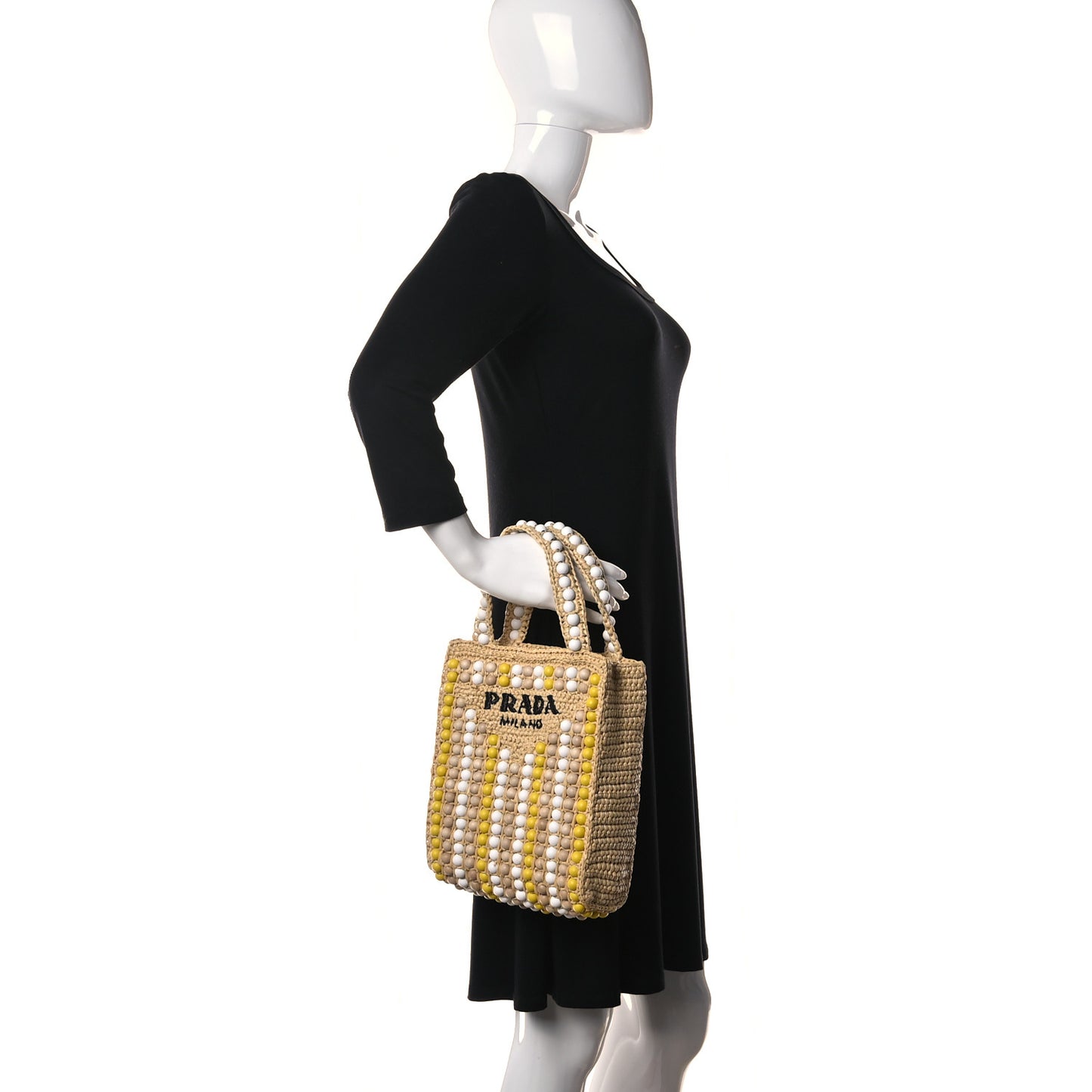 Raffia Wood Bead Embroidered Logo Tote Bag Naturale