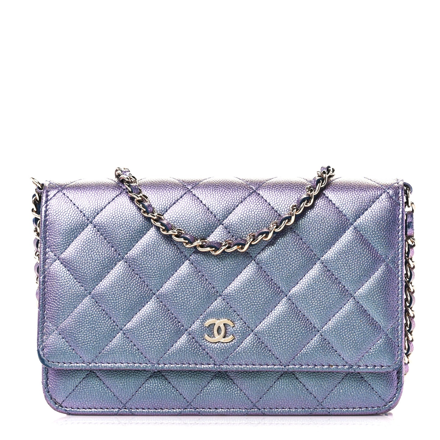 Iridescent Caviar Quilted Wallet on Chain WOC Dark Blue
