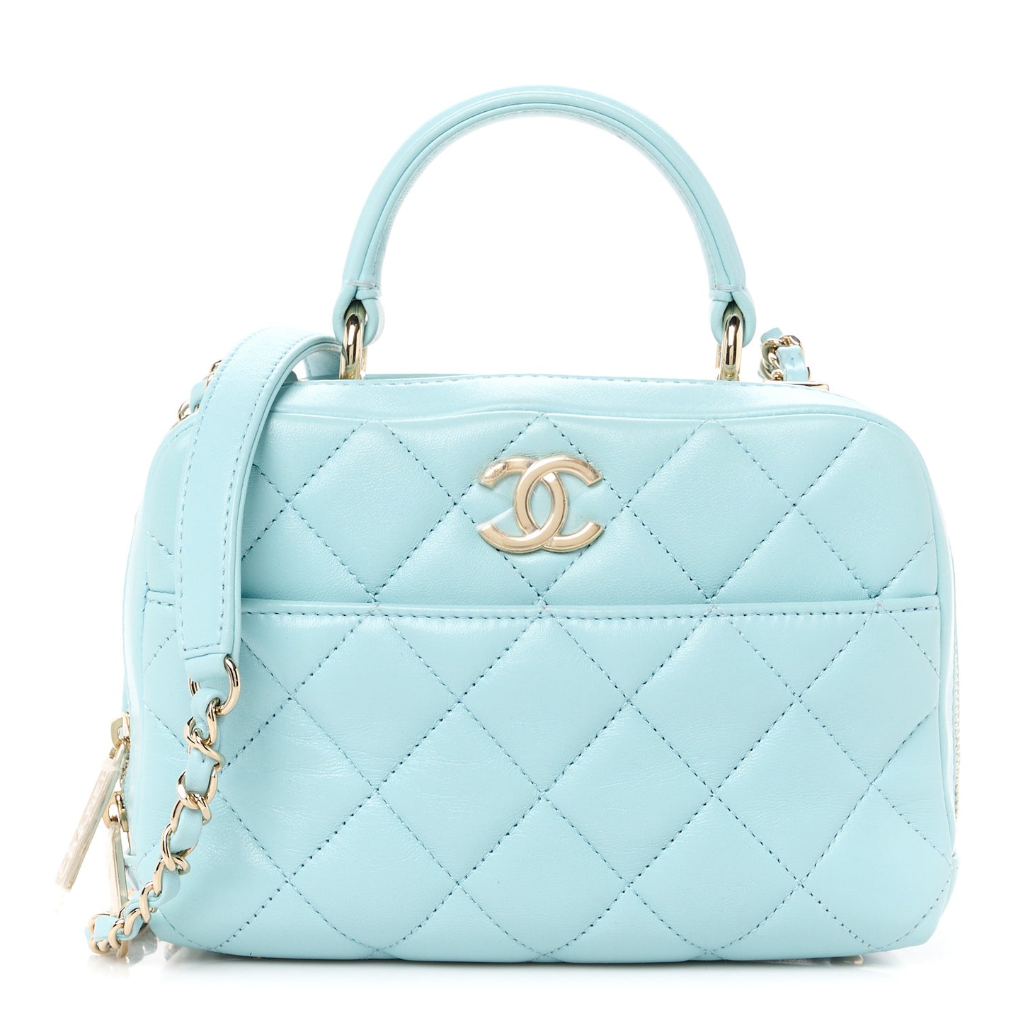 Lambskin Quilted Small Trendy CC Bowling Bag Light Blue