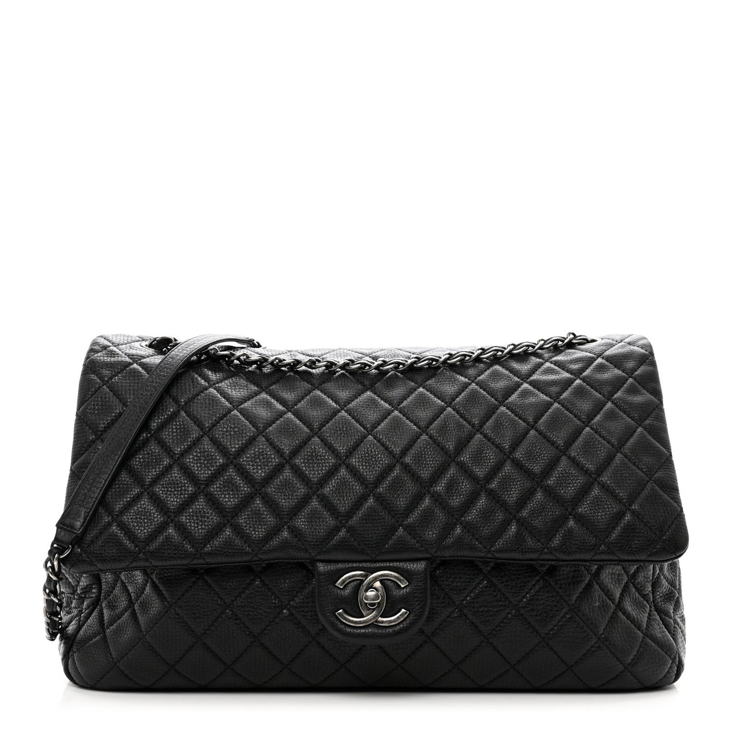 Grained Calfskin Quilted XXL Travel Flap Bag Black