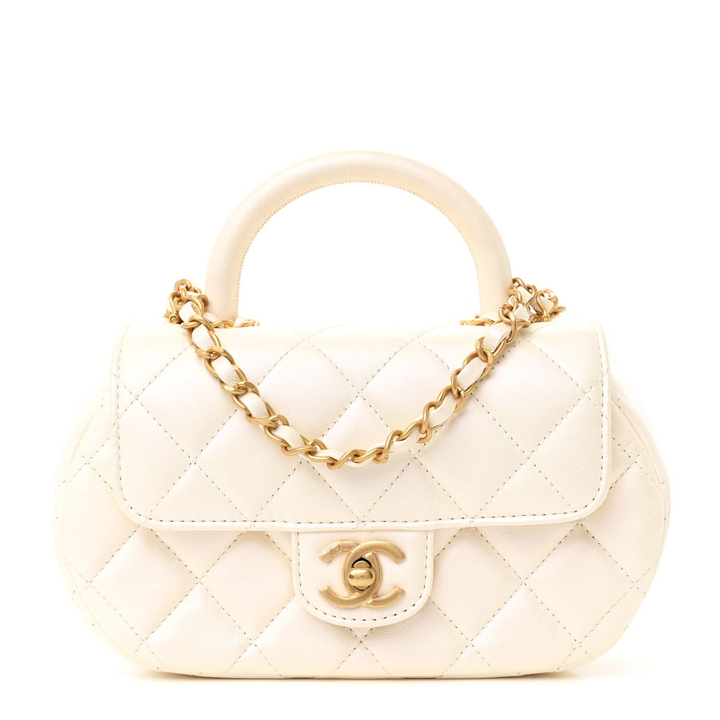Iridescent Lambskin Quilted Baywatch Top Handle Flap White
