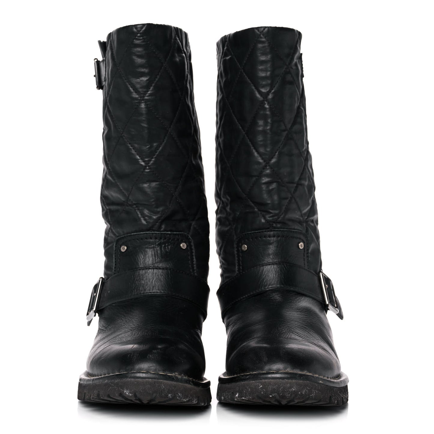 Calfskin Quilted Buckle Biker Boots 37 Black