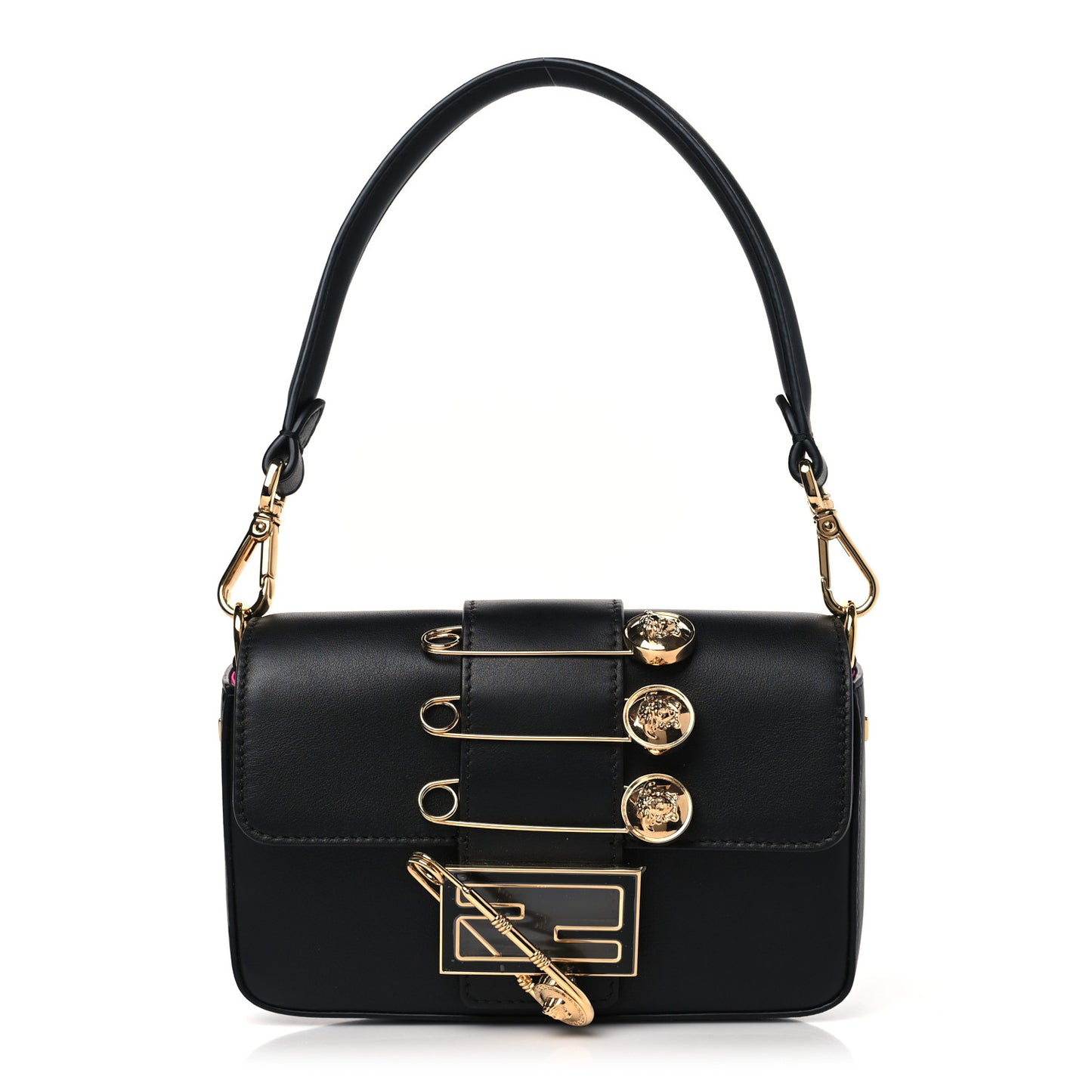 X VERSACE Vitello Seta Fendace Mini Brooch Baguette Black