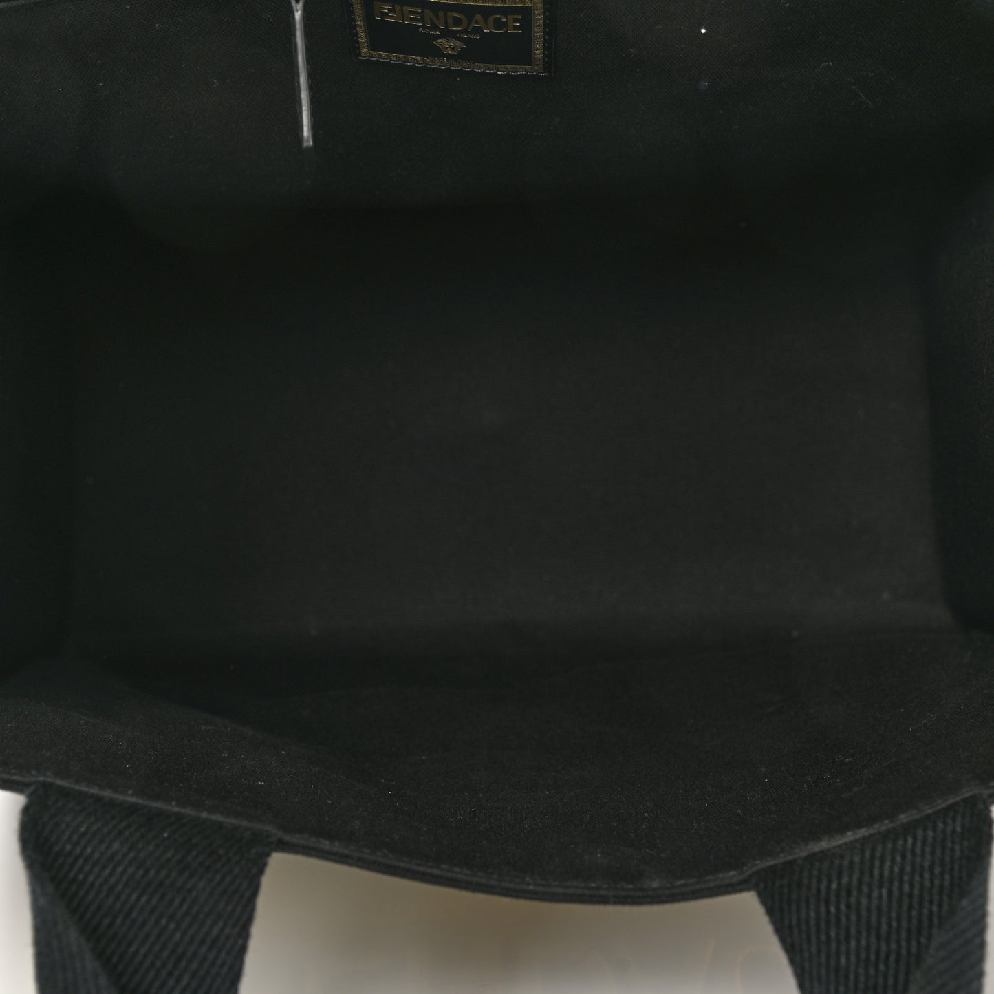 X VERSACE Cotton Canvas Cuoio Romano Fendace Logo Embroidered Signature Shopping Tote Black Gold