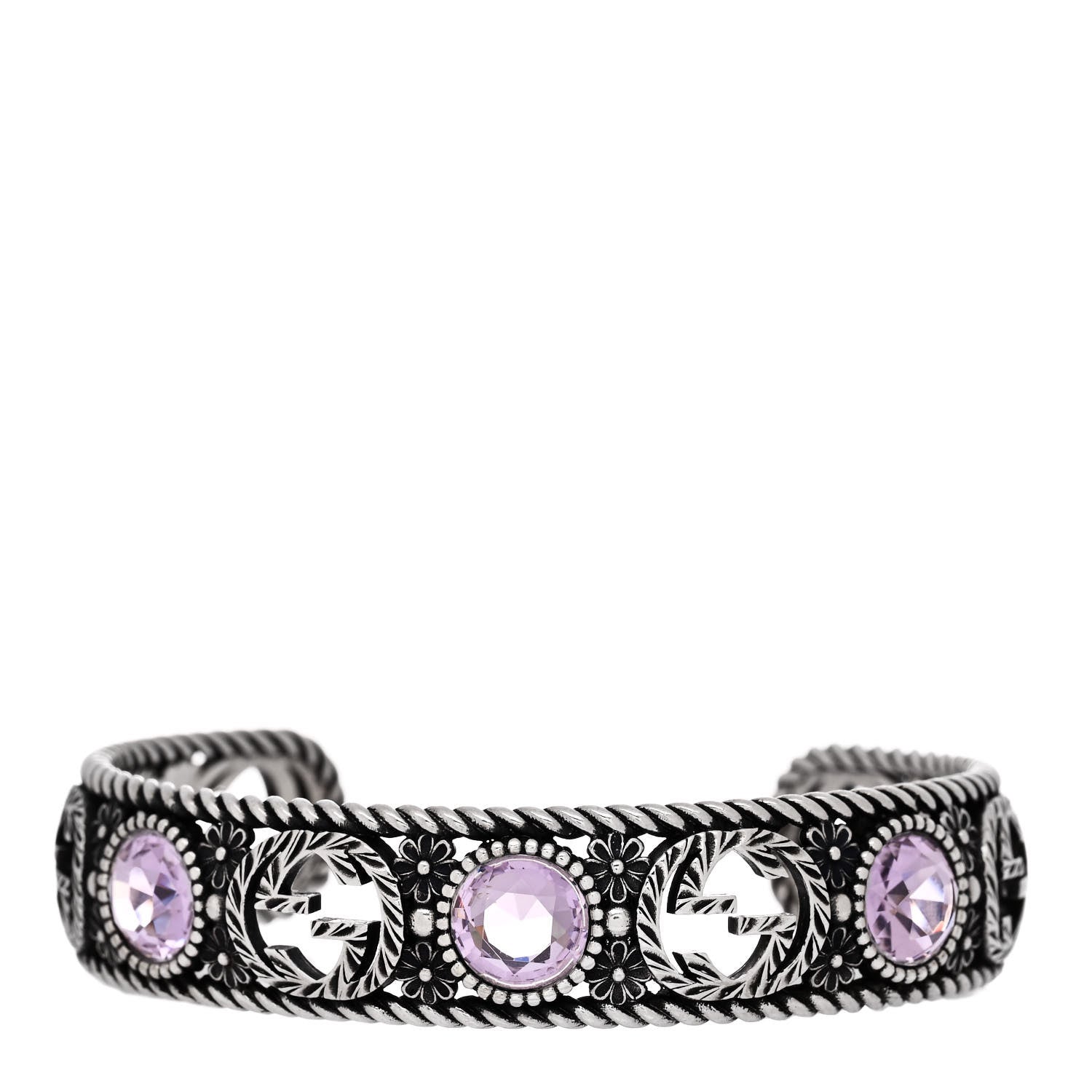 Gucci Sterling Silver Crystal Garden Interlocking G Cuff Bracelet Purple 1 of 5
