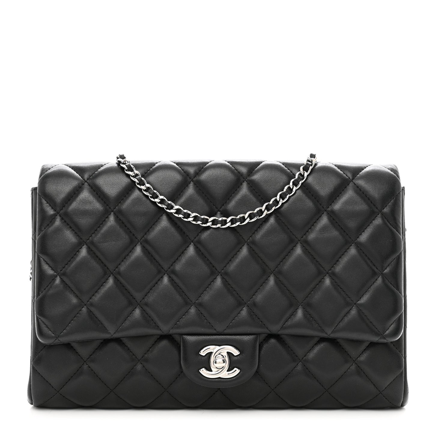 Lambskin Quilted Clutch With Chain Flap Black