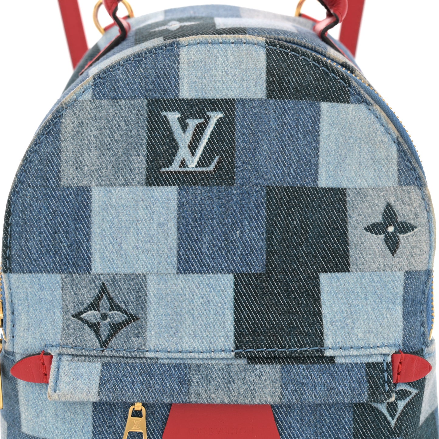 Denim Damier Monogram Patchwork Palm Springs Backpack Mini Blue Rouge