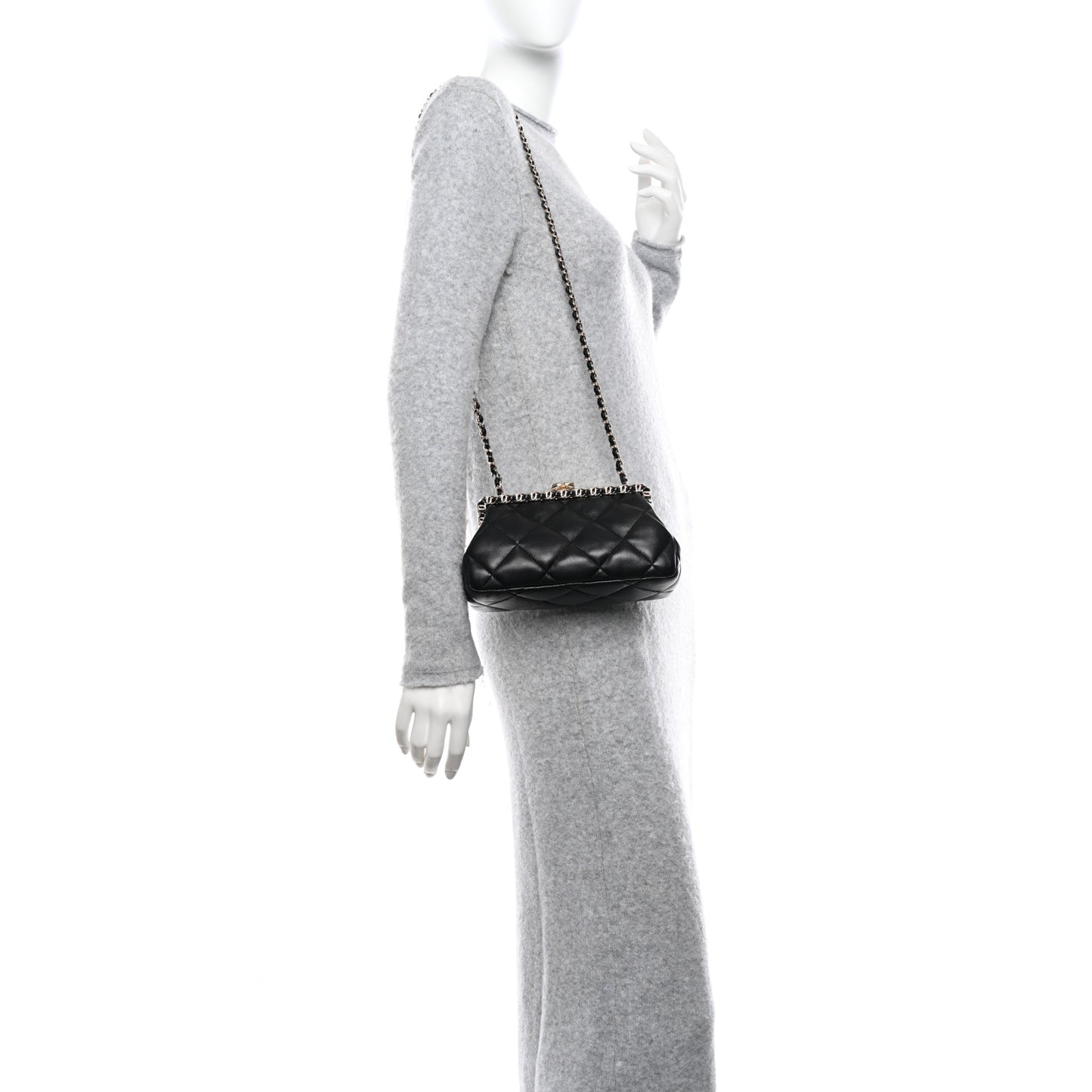 Lambskin Quilted CC Kisslock Clutch Black