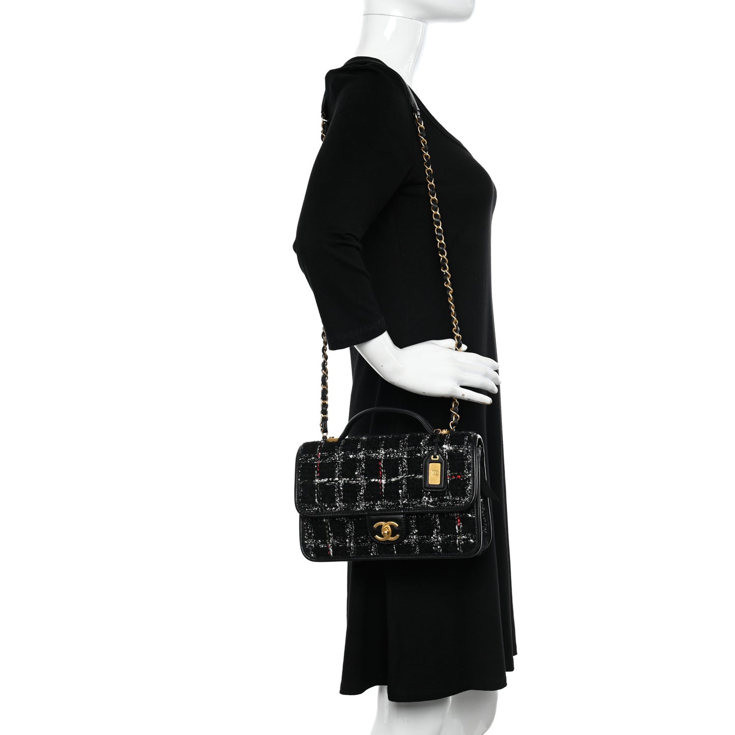 Tweed School Memory Small Top Handle Flap Black White