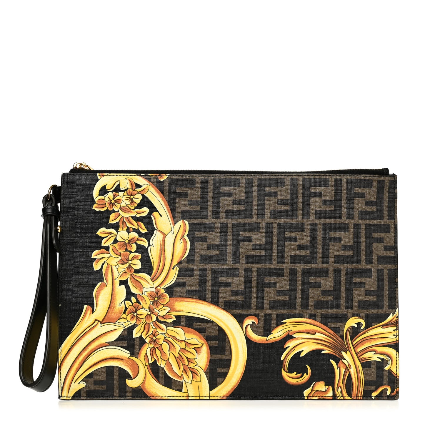 X VERSACE Glazed Fabric Vitello Cover Fendace FF Baroque Large Flat Pouch Black Gold