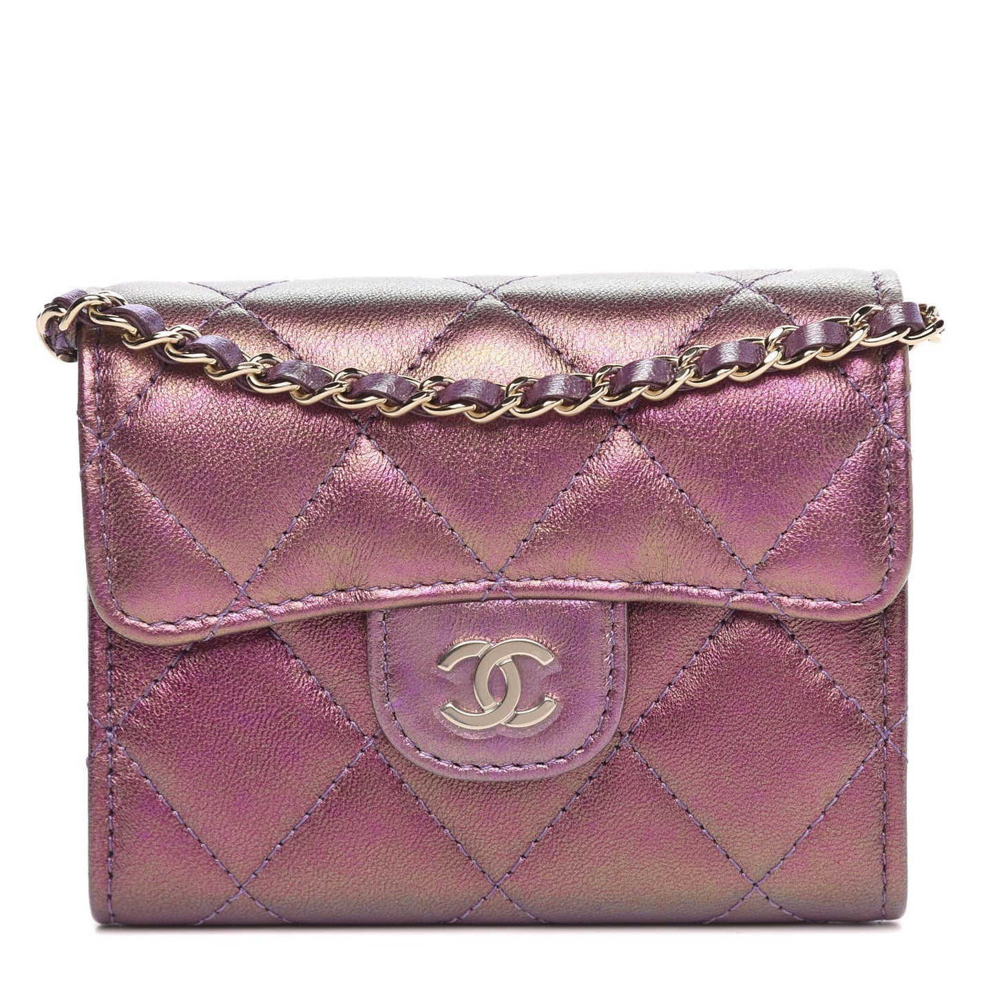 Iridescent Lambskin Quilted Flap Card Holder On Chain Purple