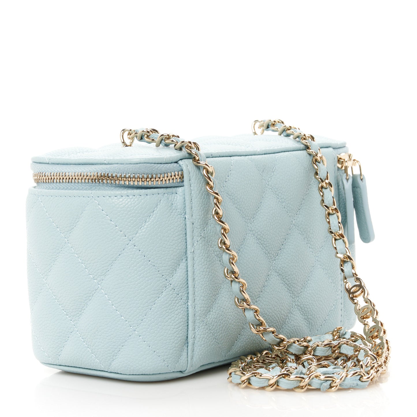 Caviar Quilted Small Tiny CC Vanity Case With Chain Light Blue