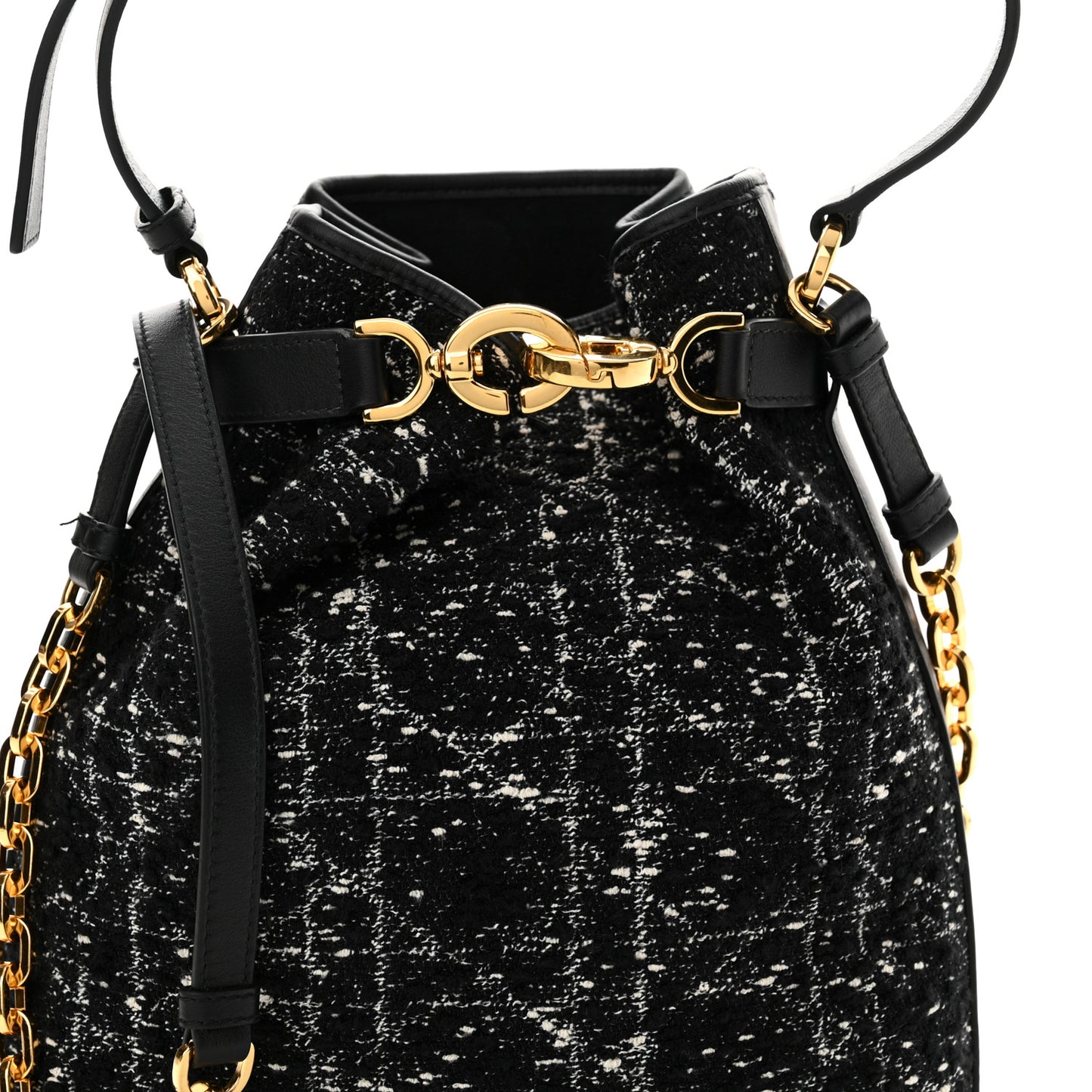 Calfskin Tweed Cannage Medium C'est Chain Bucket Bag Black White