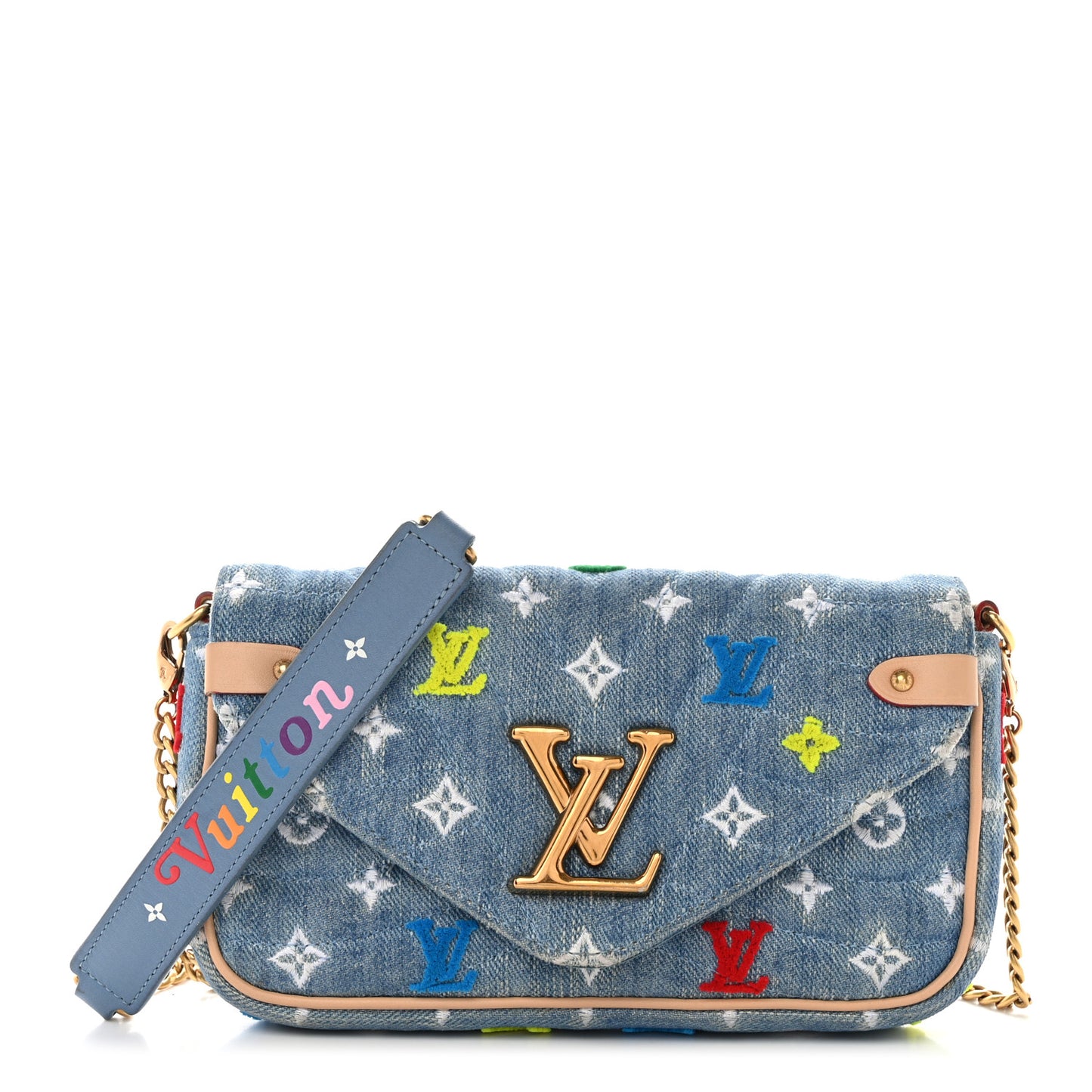 Embroidered Monogram Denim New Wave Chain Pochette Blue