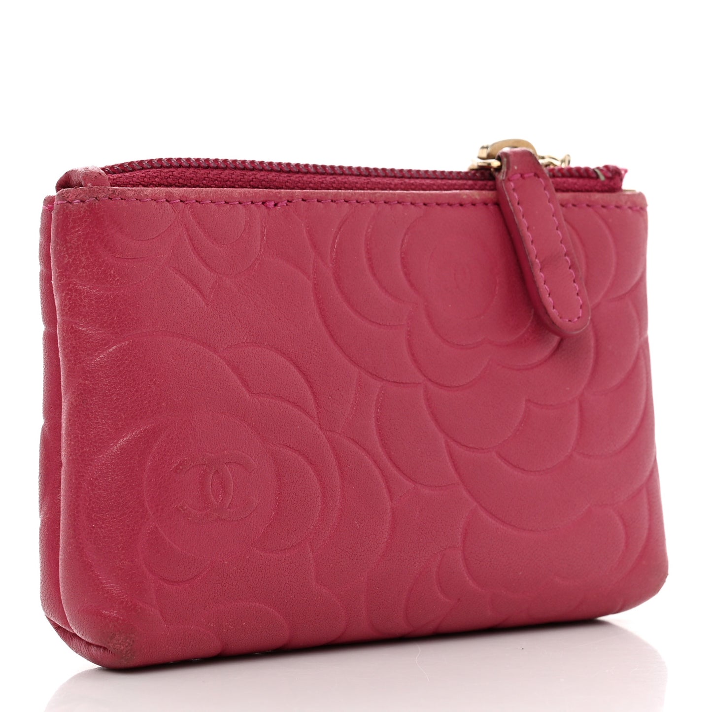 Lambskin Camellia Embossed Key Holder Case Fuchsia