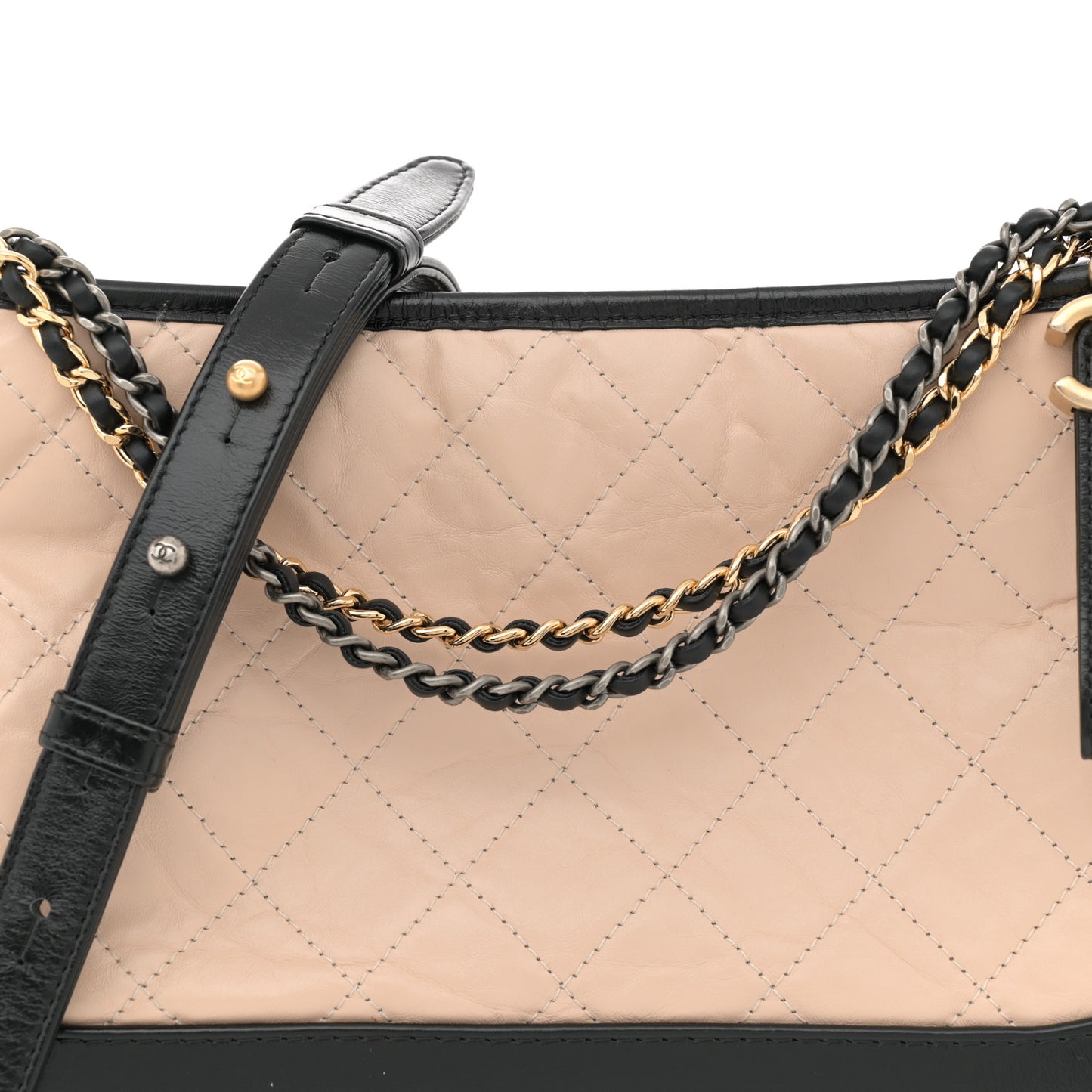 Aged Calfskin Quilted Medium Gabrielle Hobo Beige Black