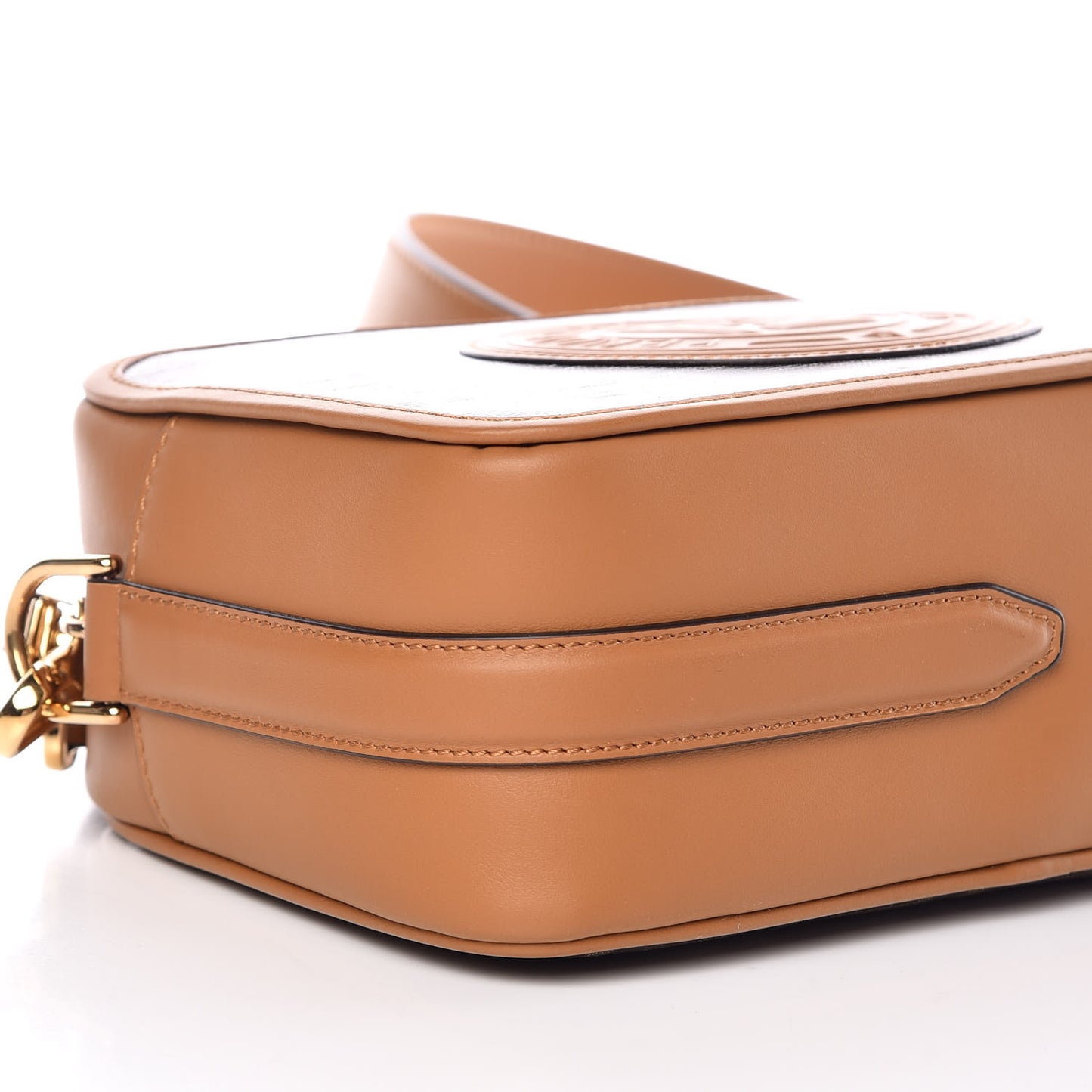 Glazed Fabric Vitello Century F is Fendi FF 1974 Stamp Patch Camera Case Mogano Panna Caramello