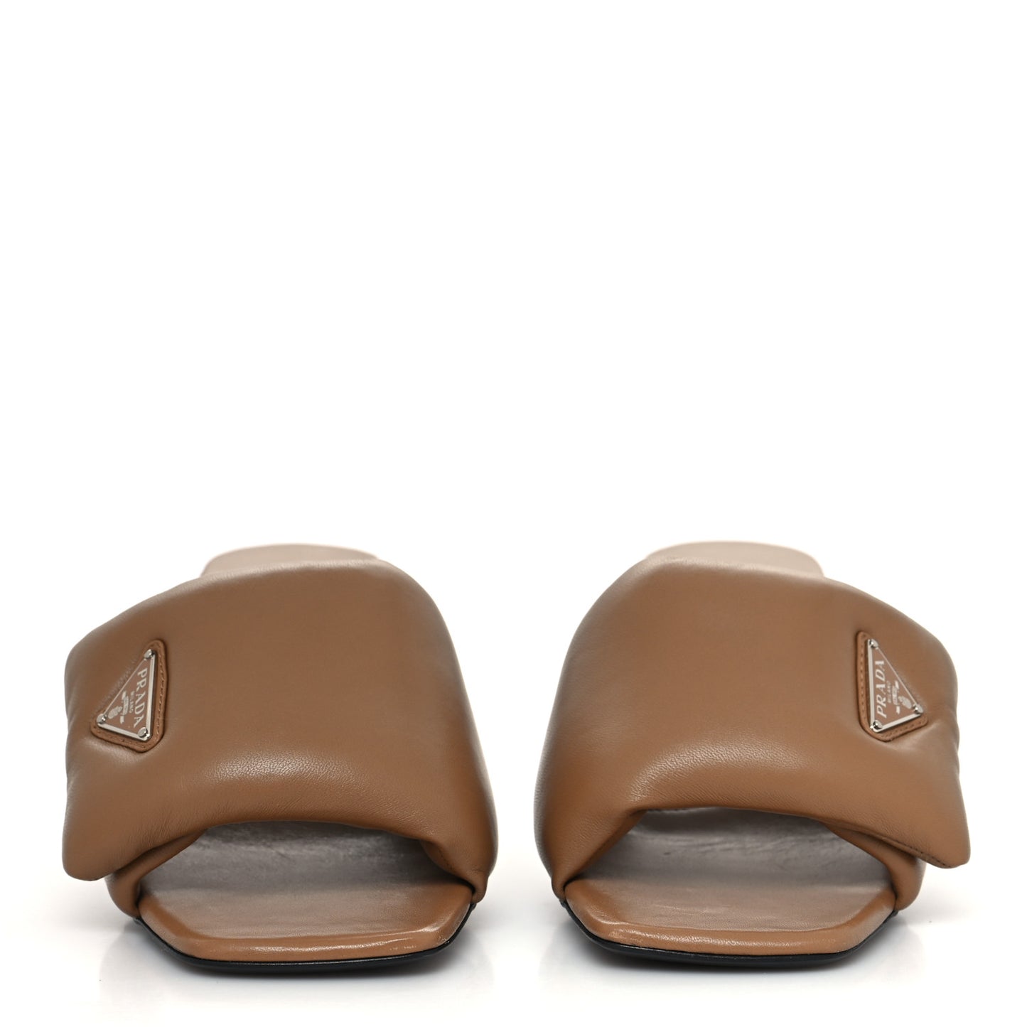 Nappa Soft Padded Metal Triangle Logo 65mm Slide Sandals 41 Caramel