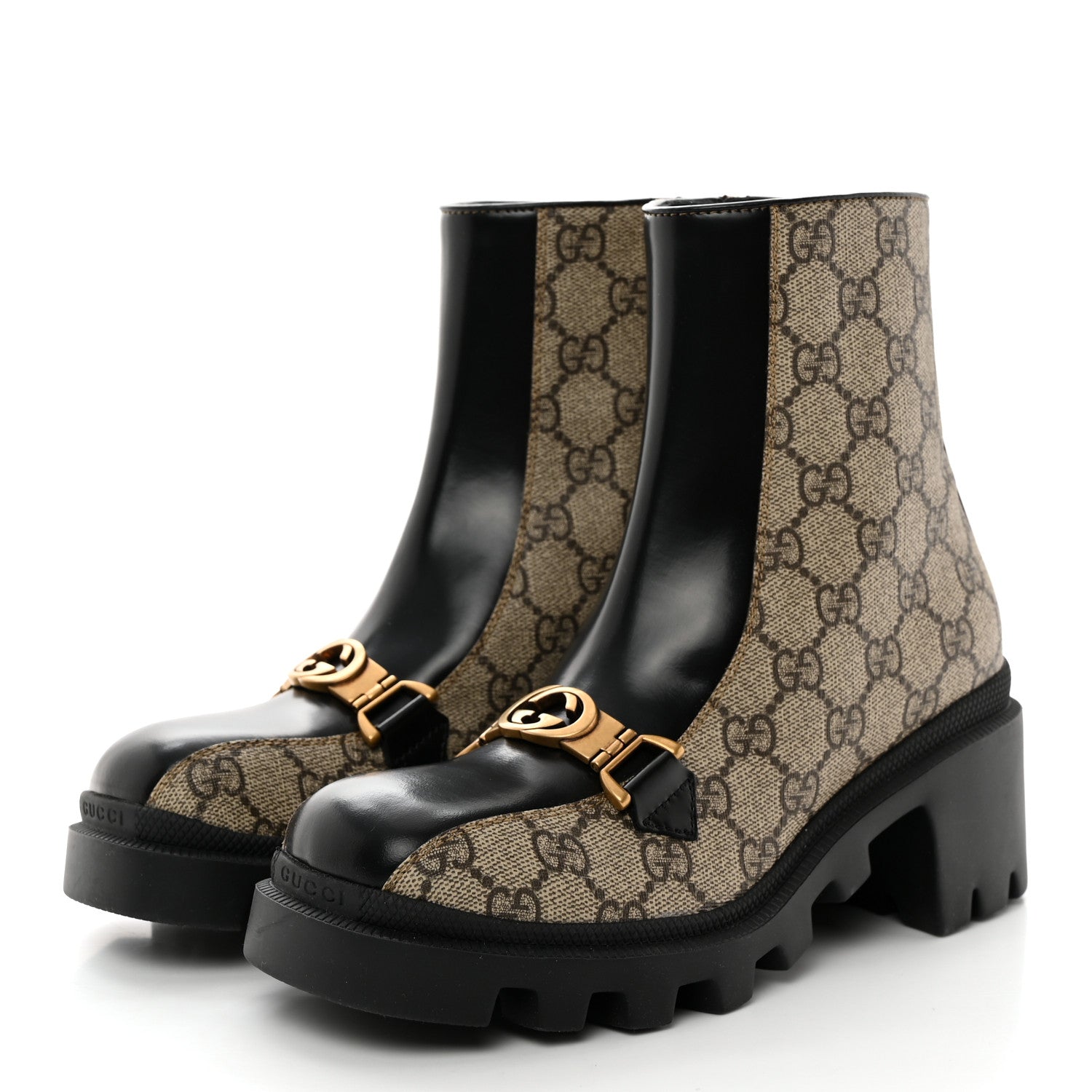 Gucci GG Supreme Monogram Magnum Calfskin Interlocking G Womens Lug Sole Ankle Boots 35.5 Beige Ebony Black 3 of 13