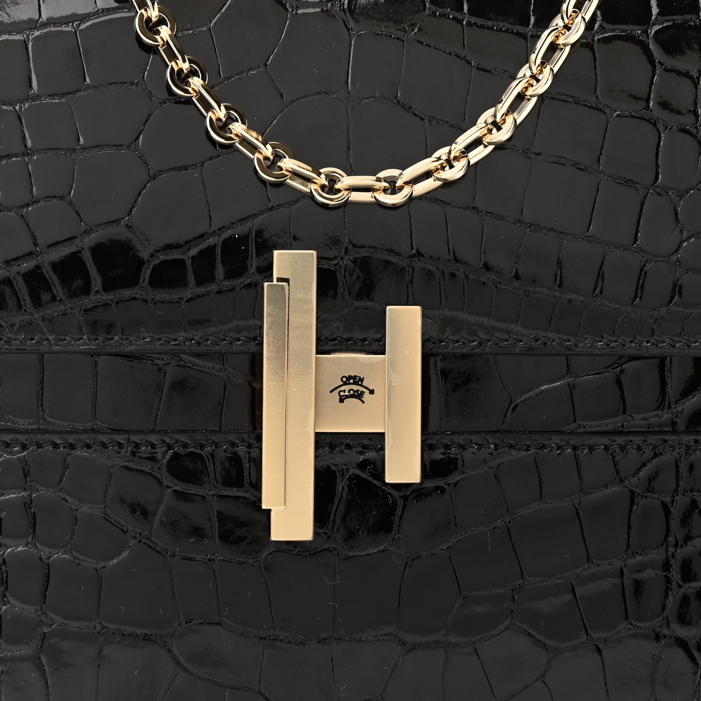 Shiny Alligator Cinhetic Boxy Top Handle Bag Black