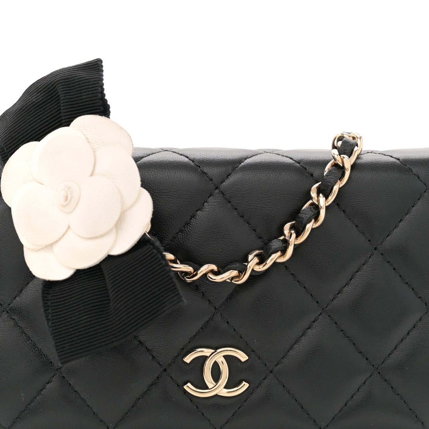 Lambskin Quilted Mini Camellia Bow Wallet On Chain WOC Black