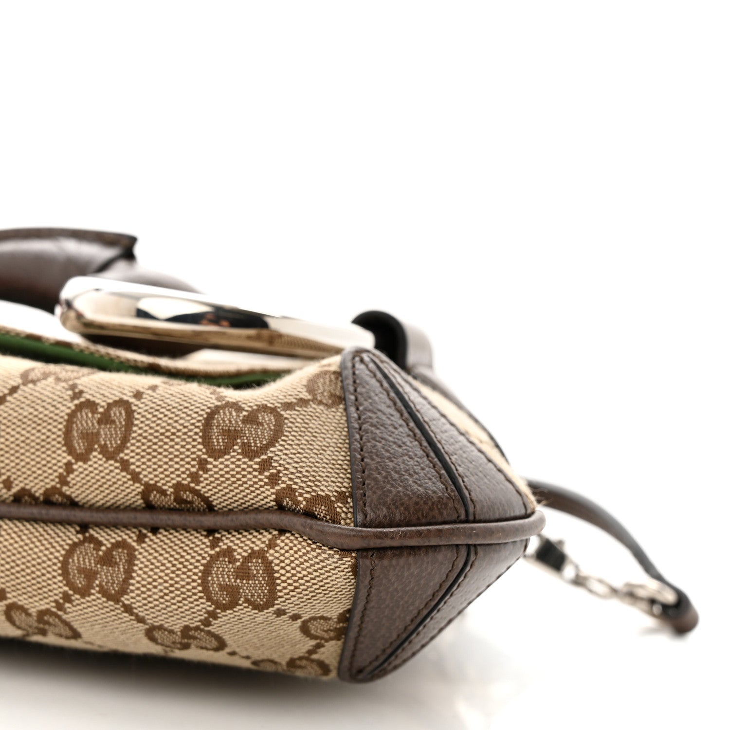 Gucci Monogram Textured Dollar Calfskin Heavy Grosgrain Web Medium Maxi Horsebit Chain Shoulder Bag Beige Ebony New Acero 10 of 11