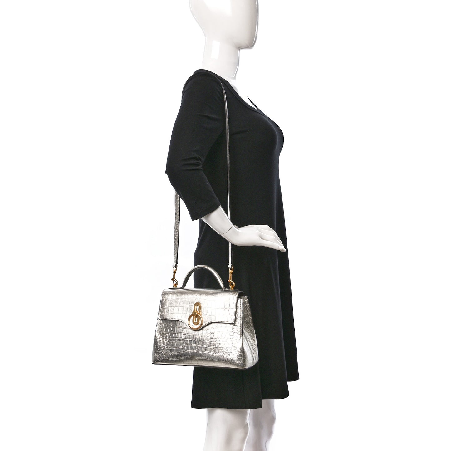 Metallic Calfskin Crocodile Embossed Mini Seaton Silver