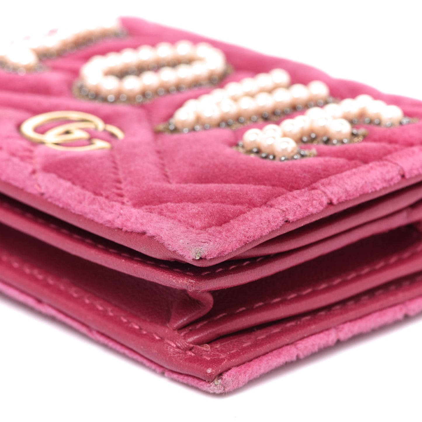 Velvet Matelasse Pearl Love Embroidered GG Marmont Card Case Wallet Light Raspberry Rose