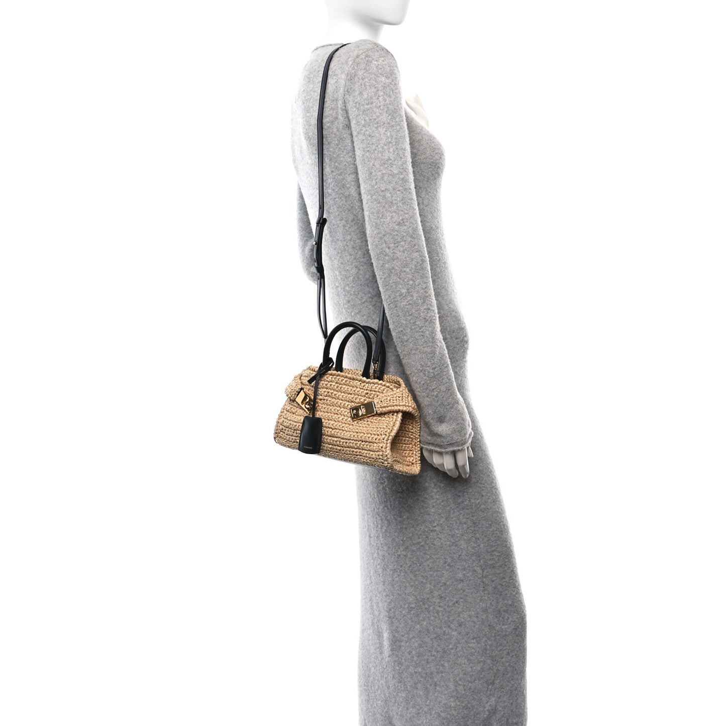 Raffia Effect Calfskin XS Hug Bag Natural Black