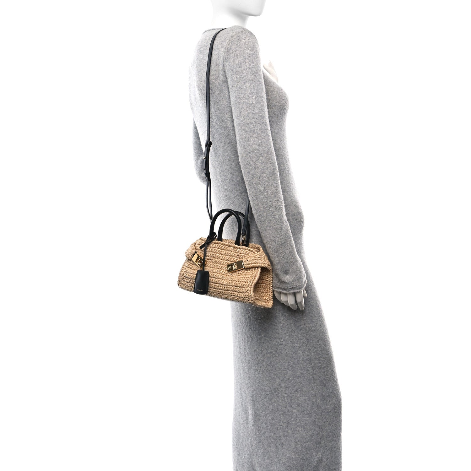 Salvatore Ferragamo Raffia Effect Calfskin XS Hug Bag Natural Black 2 of 9