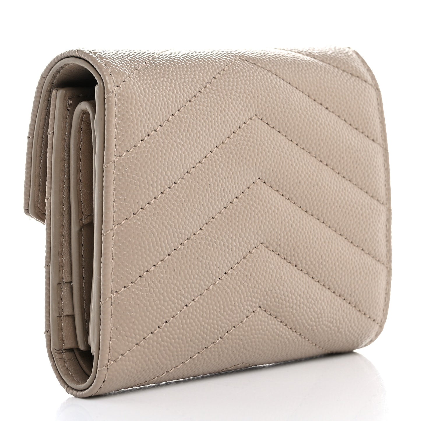 Grain De Poudre Matelasse Chevron Cassandre Monogram Compact Tri Fold Wallet Dark Beige