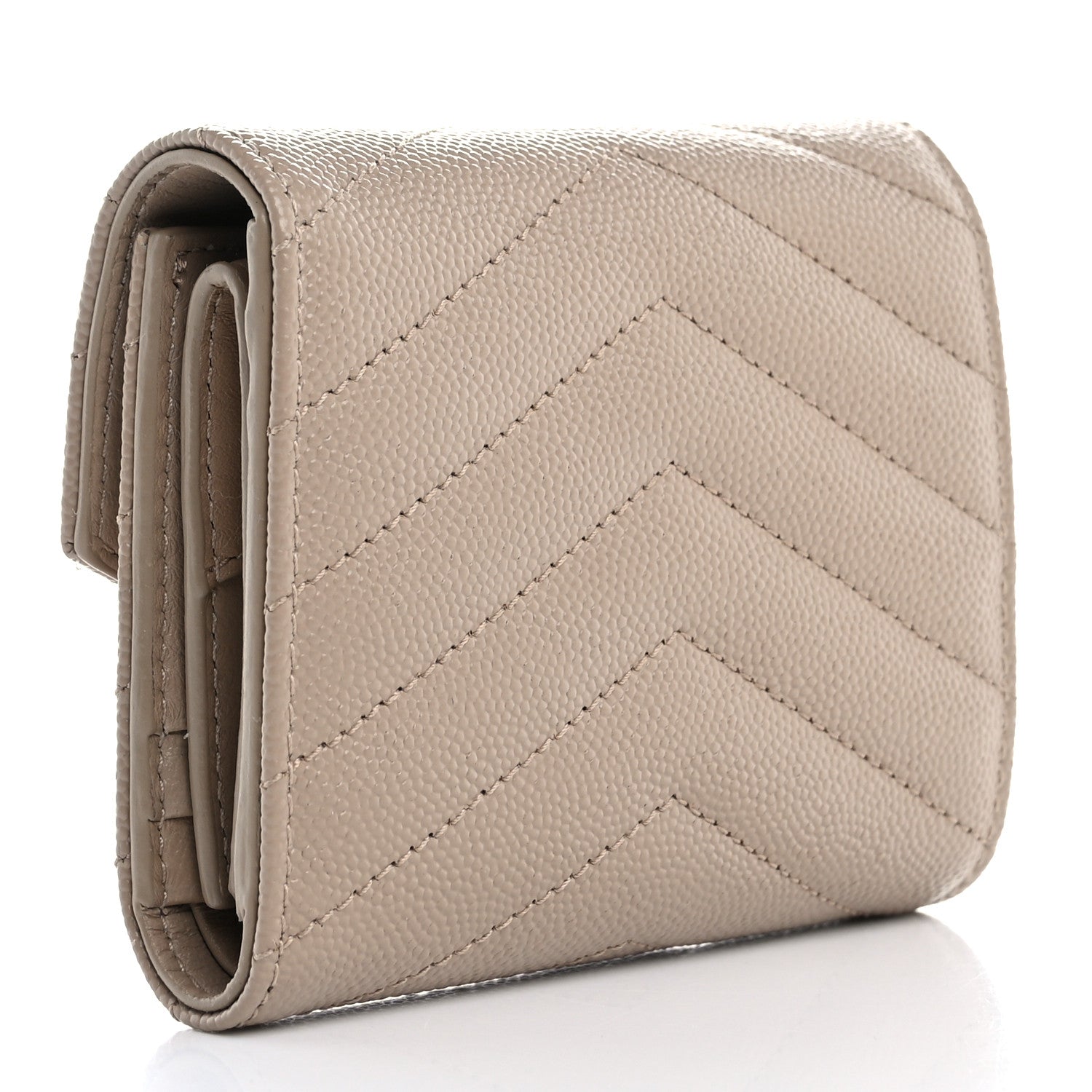 Saint Laurent Grain De Poudre Matelasse Chevron Cassandre Monogram Compact Tri Fold Wallet Dark Beige 3 of 10