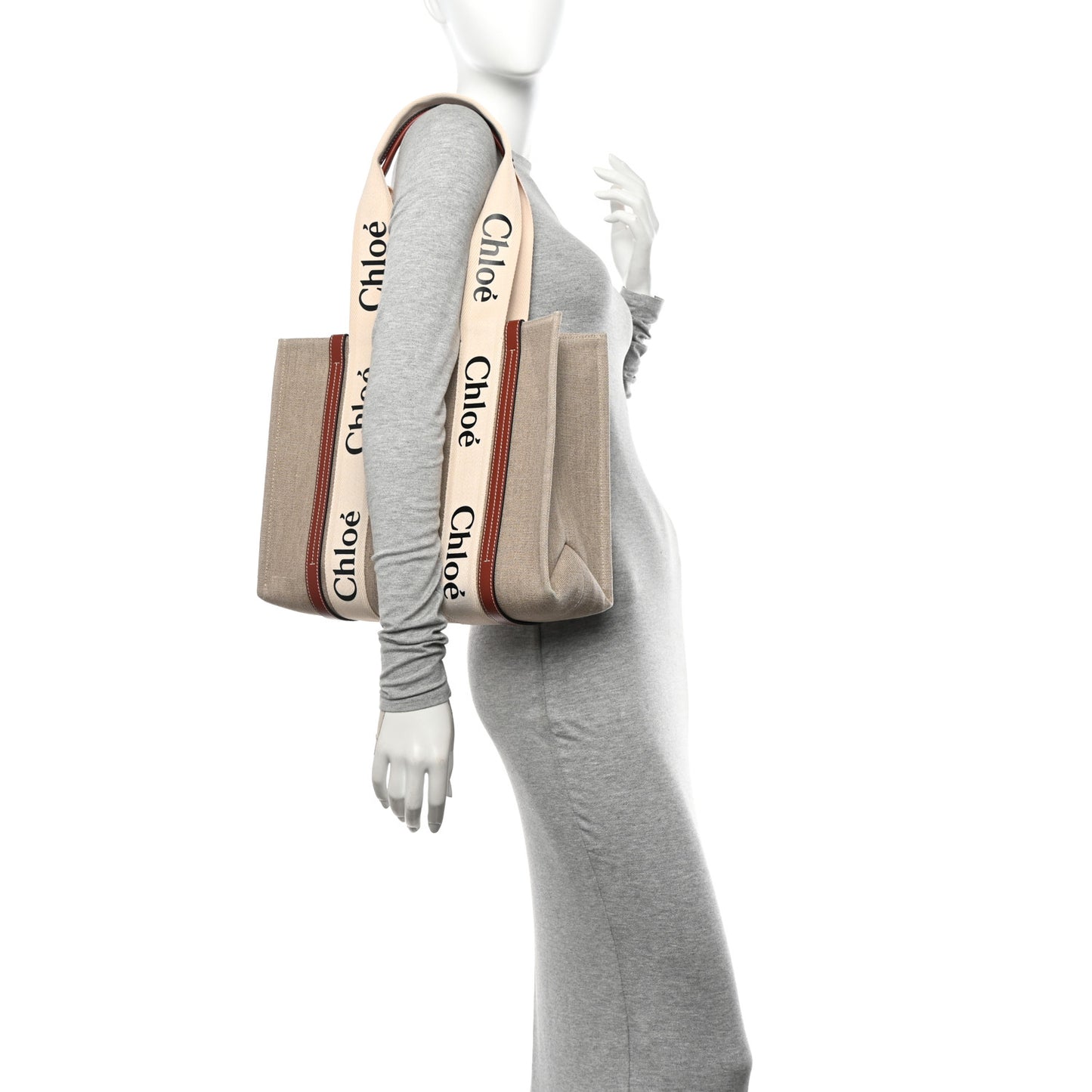 Linen Calfskin Medium Woody Ribbon Tote White Brown