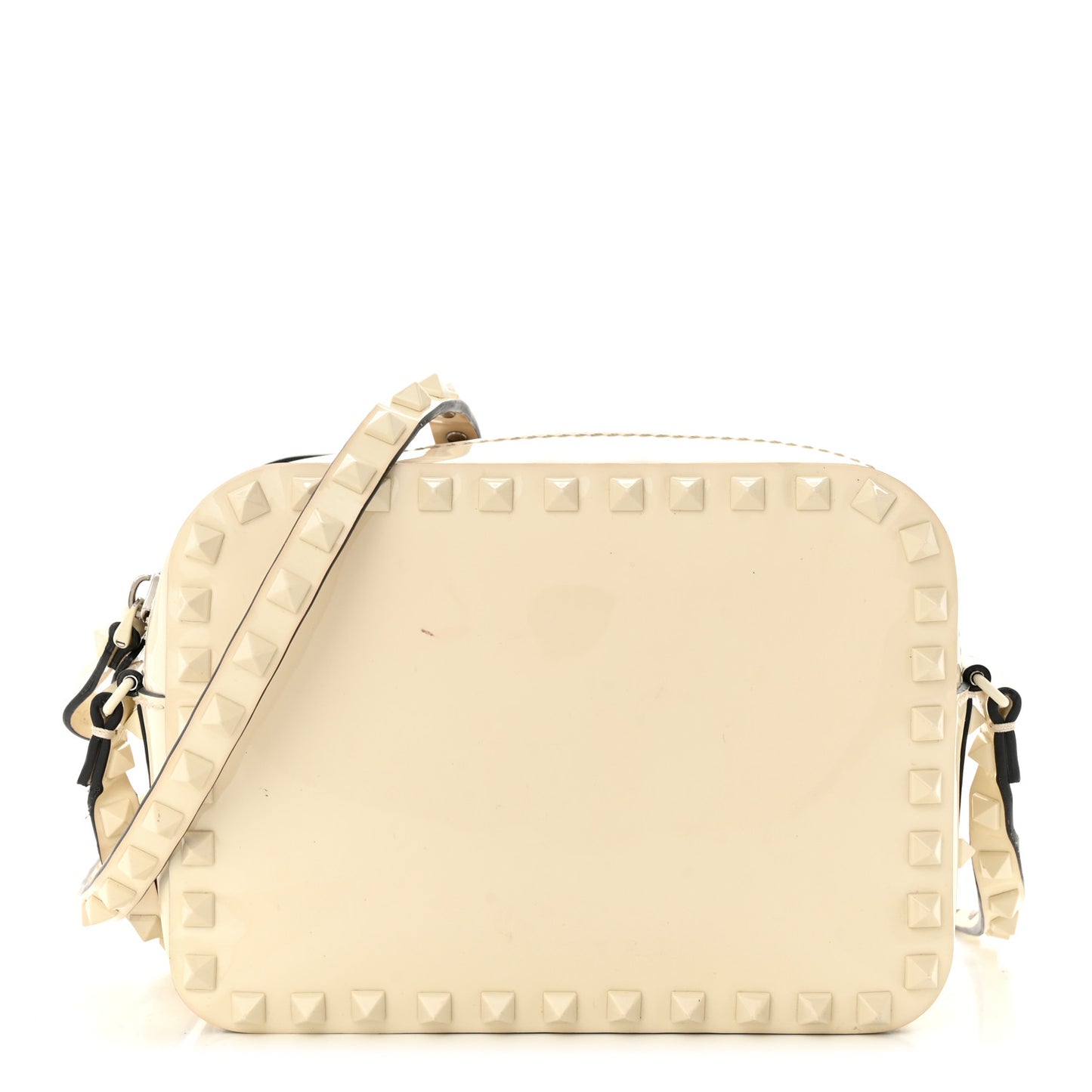 Patent Monochrome Rockstud Camera Crossbody Bag Ivory