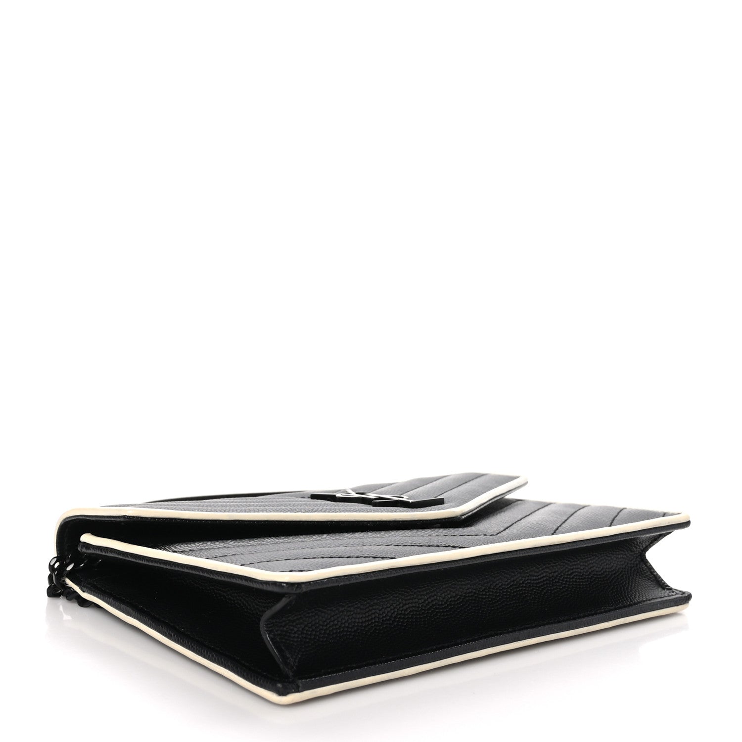 Saint Laurent Grain De Poudre Matelasse Chevron Monogram Envelope Chain Wallet Black White 4 of 10