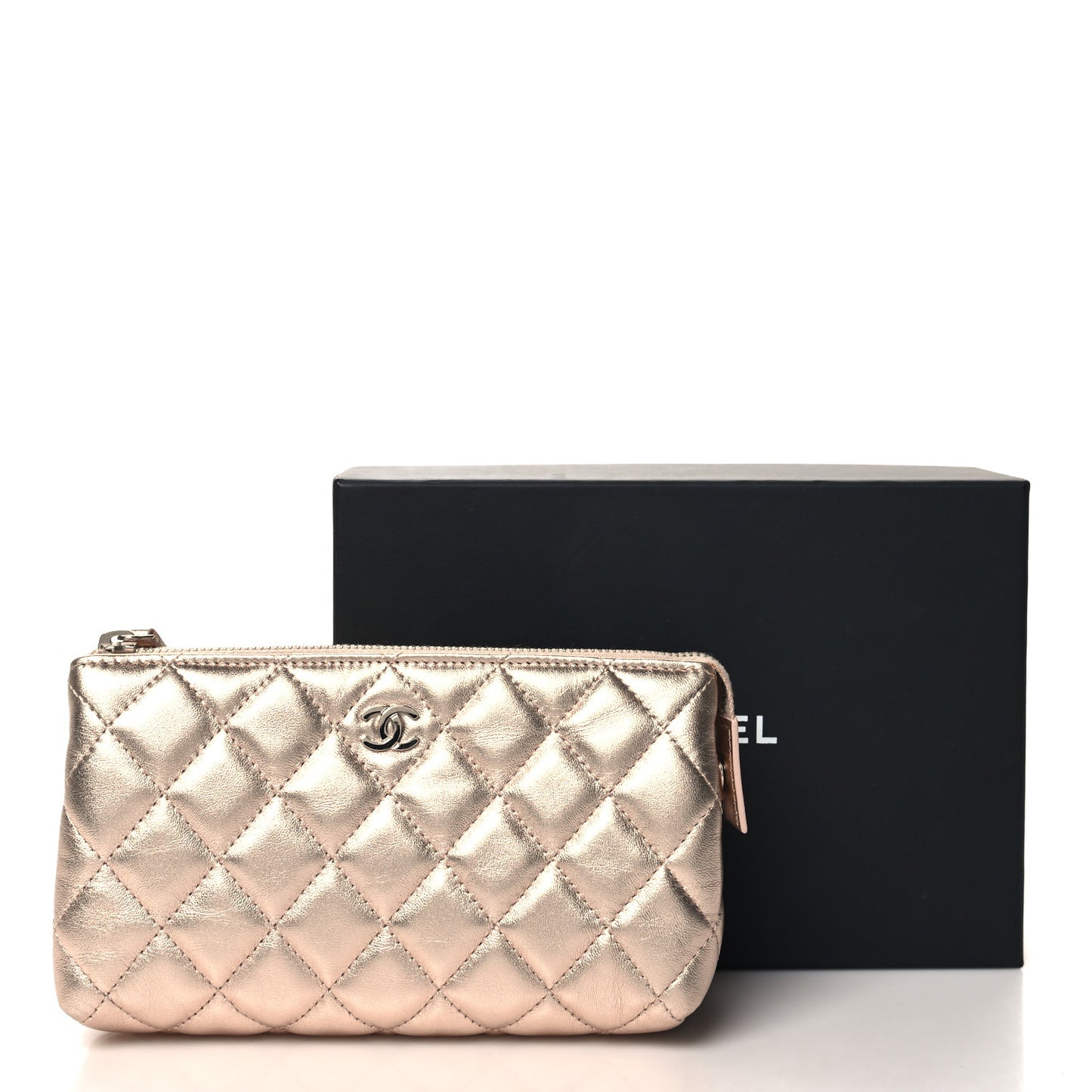 Metallic Lambskin Quilted Cosmetic Pouch Gold