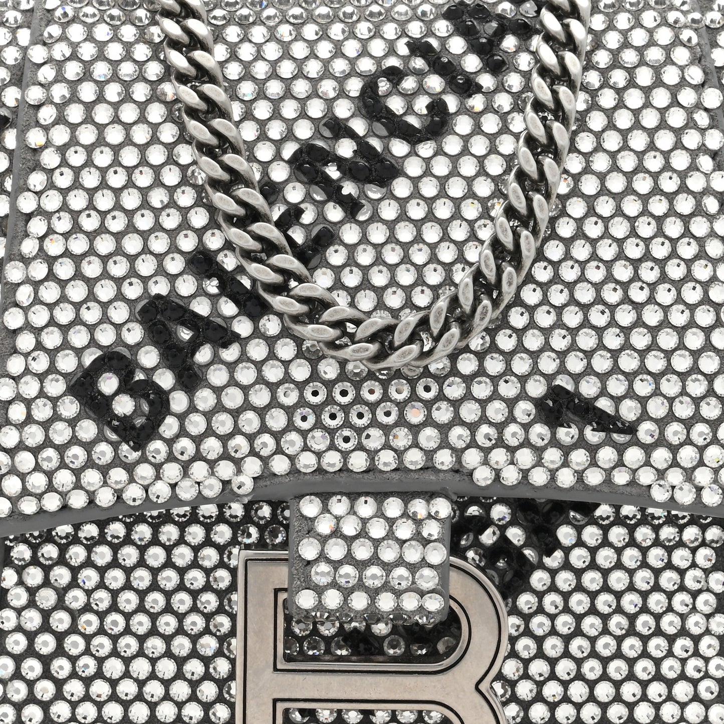 Strass Suede Allover Logo Hourglass Top Handle Bag XS with Chain Silver Black