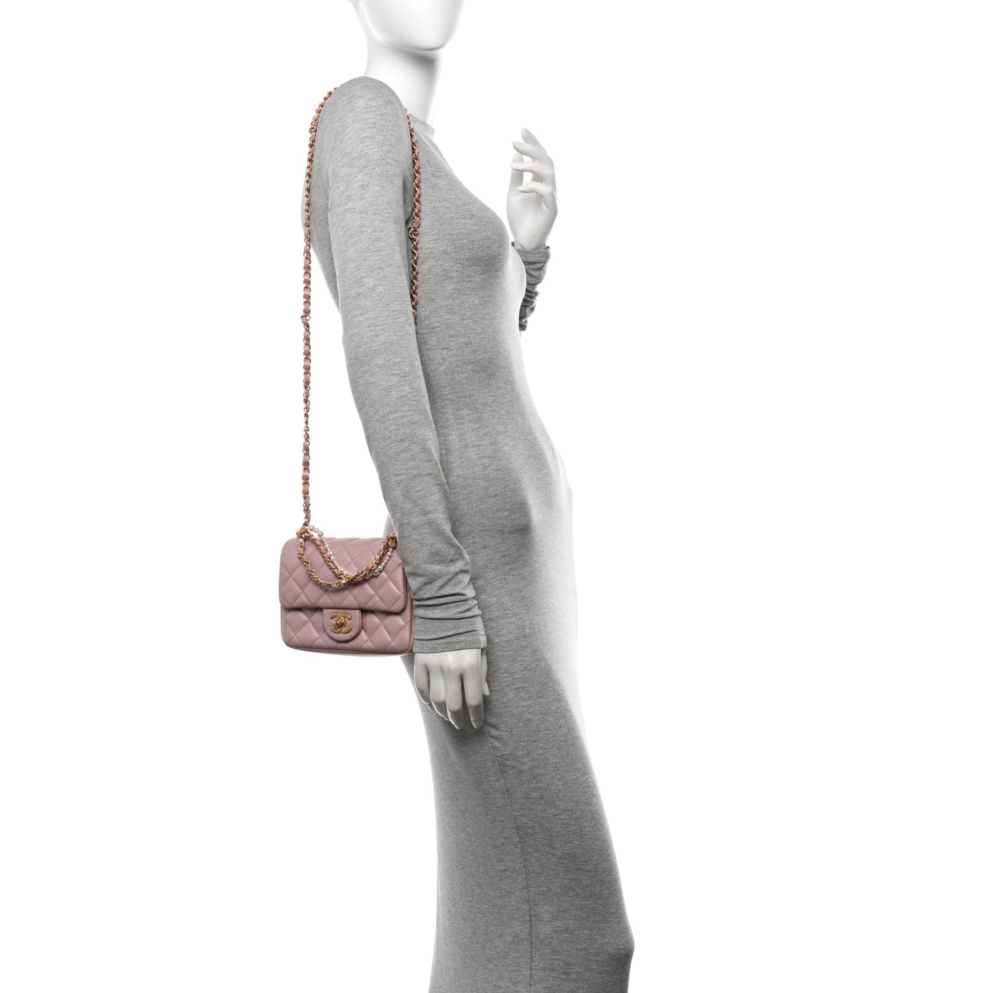 Shiny Lambskin Quilted Pearl Twist Mini Square Flap Light Pink