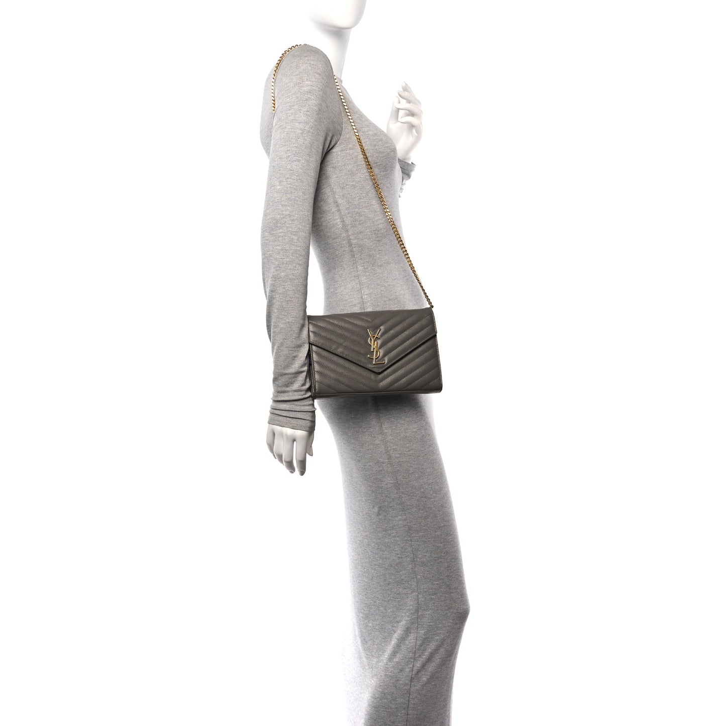 Grain De Poudre Matelasse Chevron Monogram Chain Wallet Fog