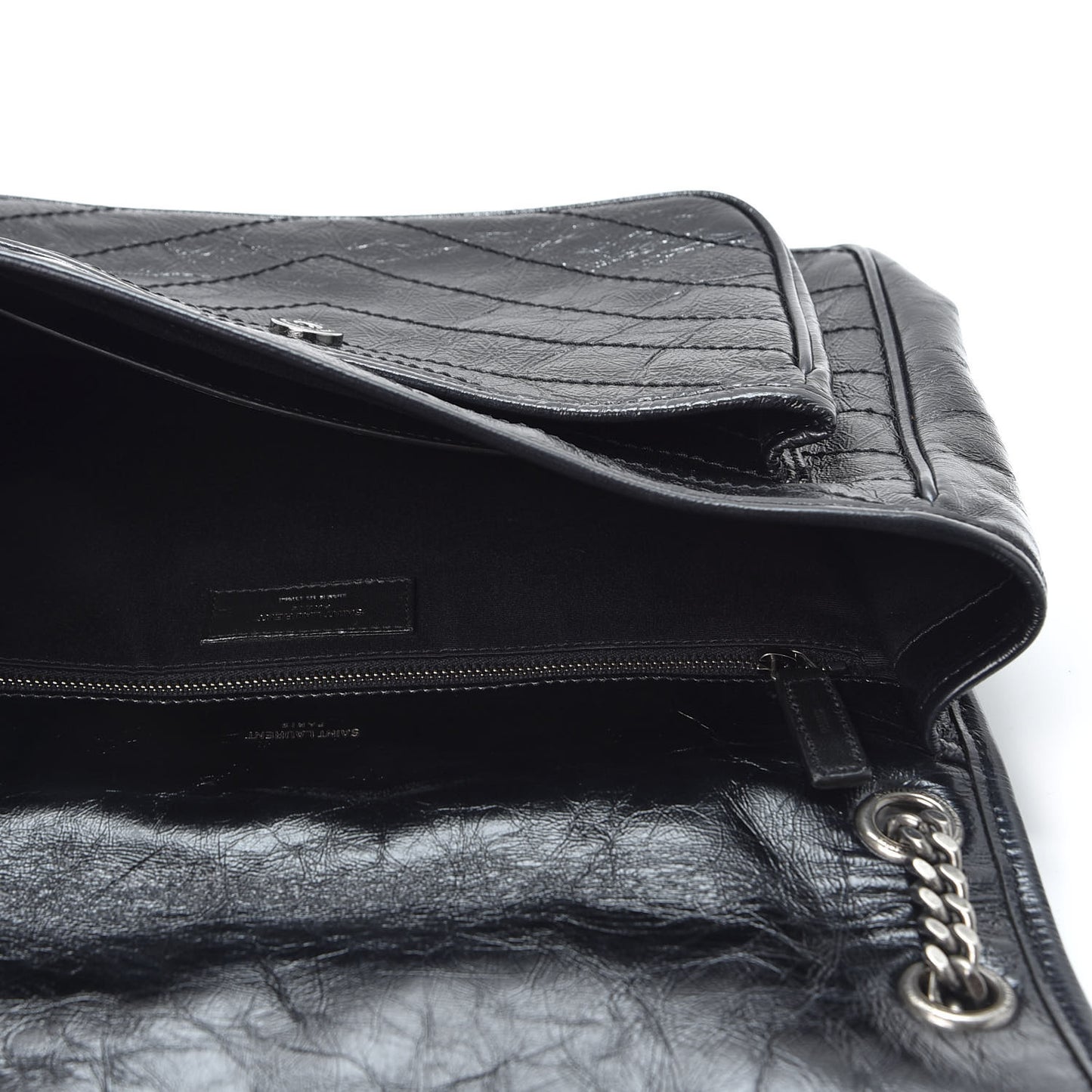 Crinkled Calfskin Matelasse Monogram Large Niki Chain Satchel Black