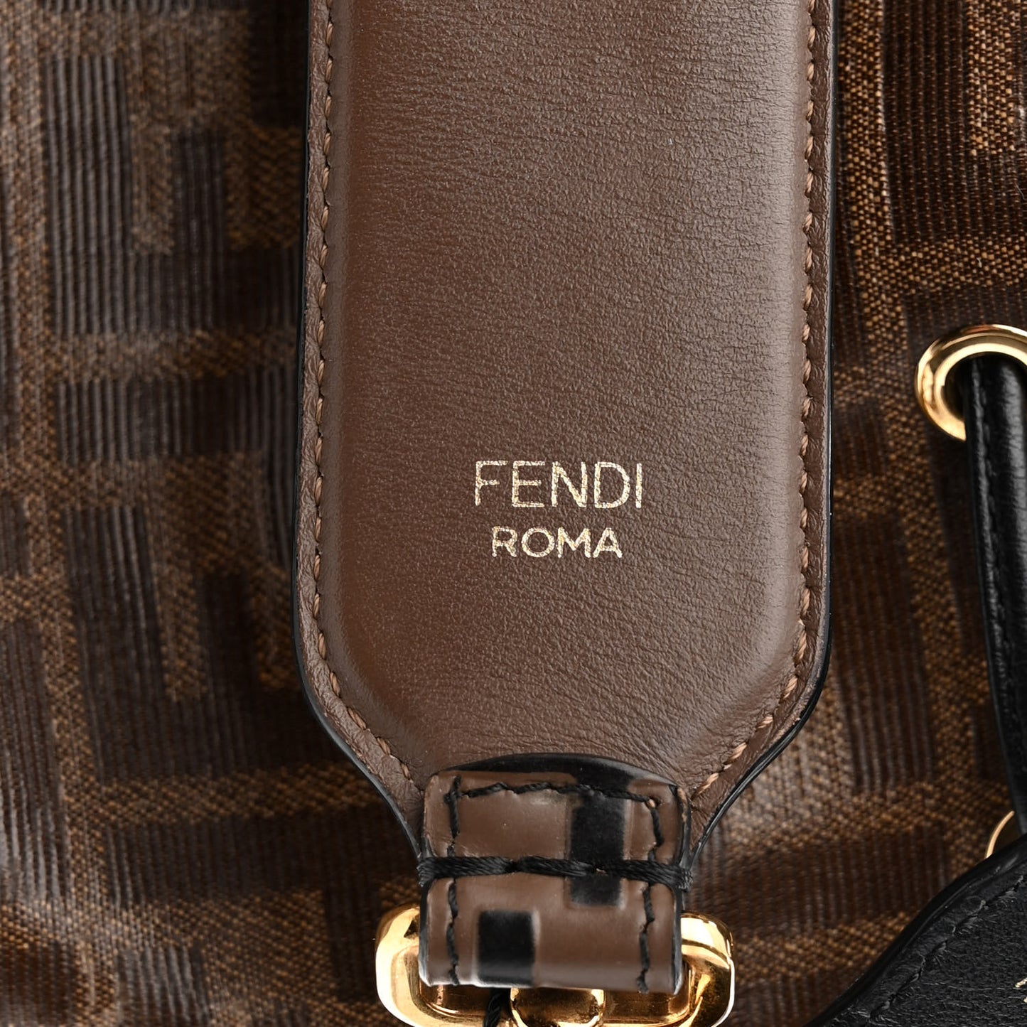 Glazed Fabric Vitello Grace F is Fendi FF 1974 Stamp Patch Grande Mon Tresor Bucket Bag Mogano Panna Black